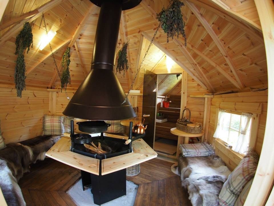 Finn Art Blockhaus Grillkota Grillpavillon 6-eckig Deluxe 9+3,8 Sauna max. 12 Personen, BxT: 380x520 cm, Schindeln schwarz, mit Grillanlage