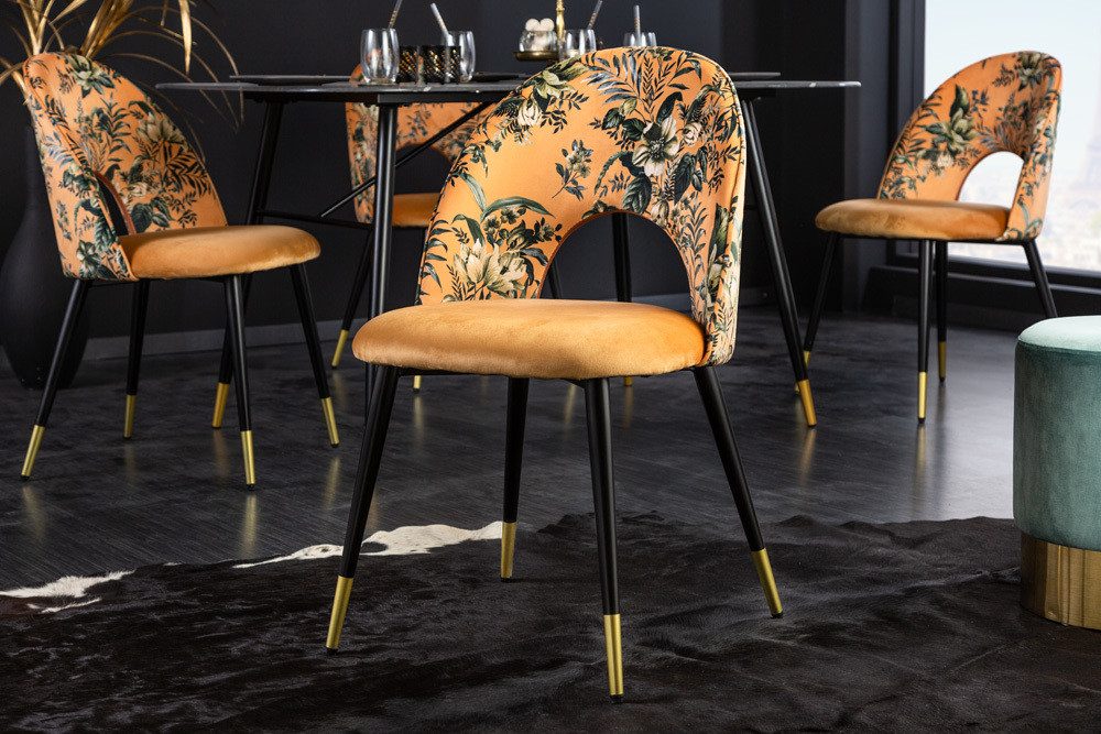 riess-ambiente Esszimmerstuhl PRÊT-À-PORTER gelb/schwarz – Samt, florales Muster, goldene Fußkappen (Einzelartikel, 1 St), Retro-Stuhl mit Glamour-Effekt – ideal für Esszimmer oder Büro