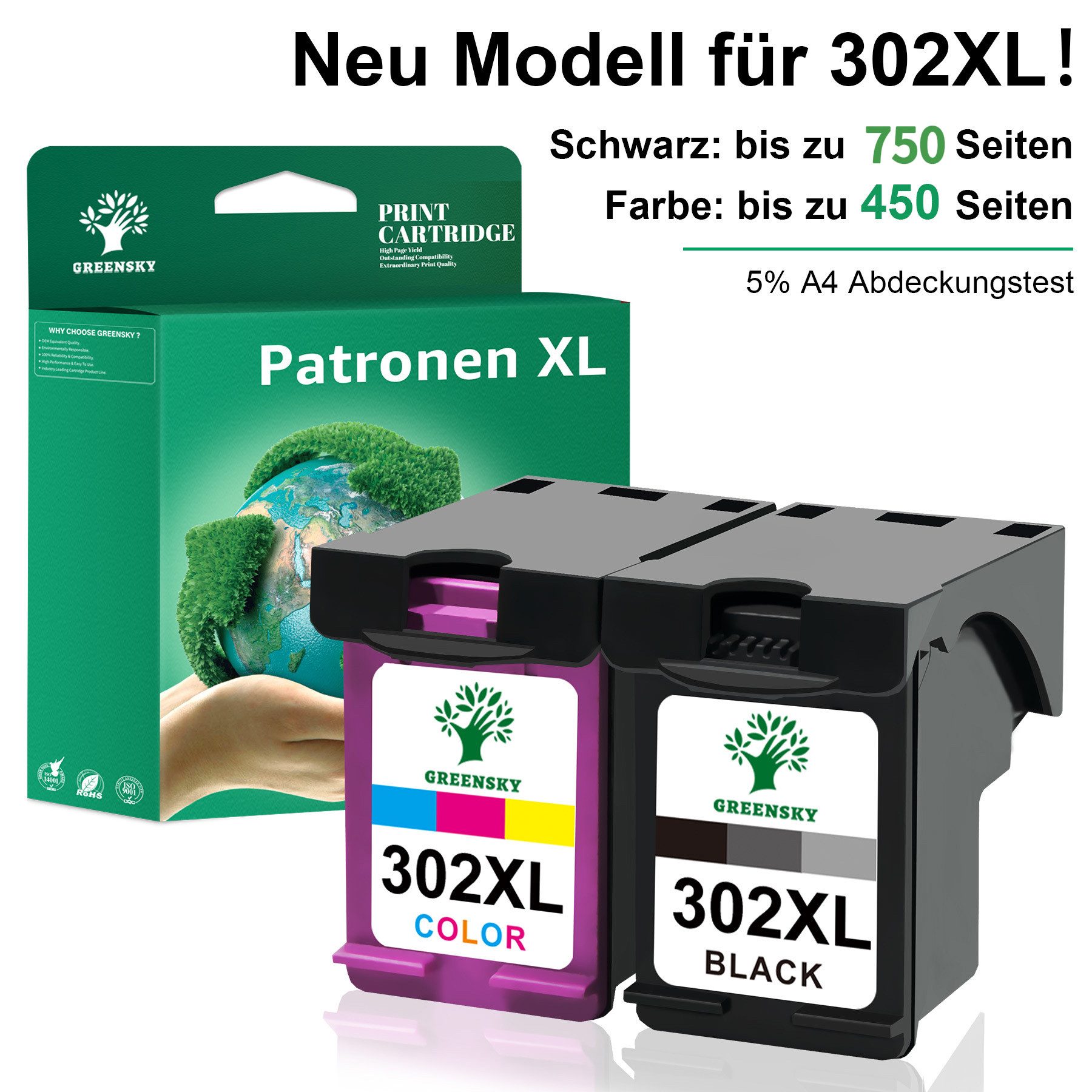 Greensky 2er Druckerpatrone für HP 302 xl Multipack Envy 4525 4520 4527 Tintenpatrone (Deskjet 1110 2130 2132 2134 3630 3632 3633 3634 3636 3638, Officejet 3831 3830 3833 5230 5220)