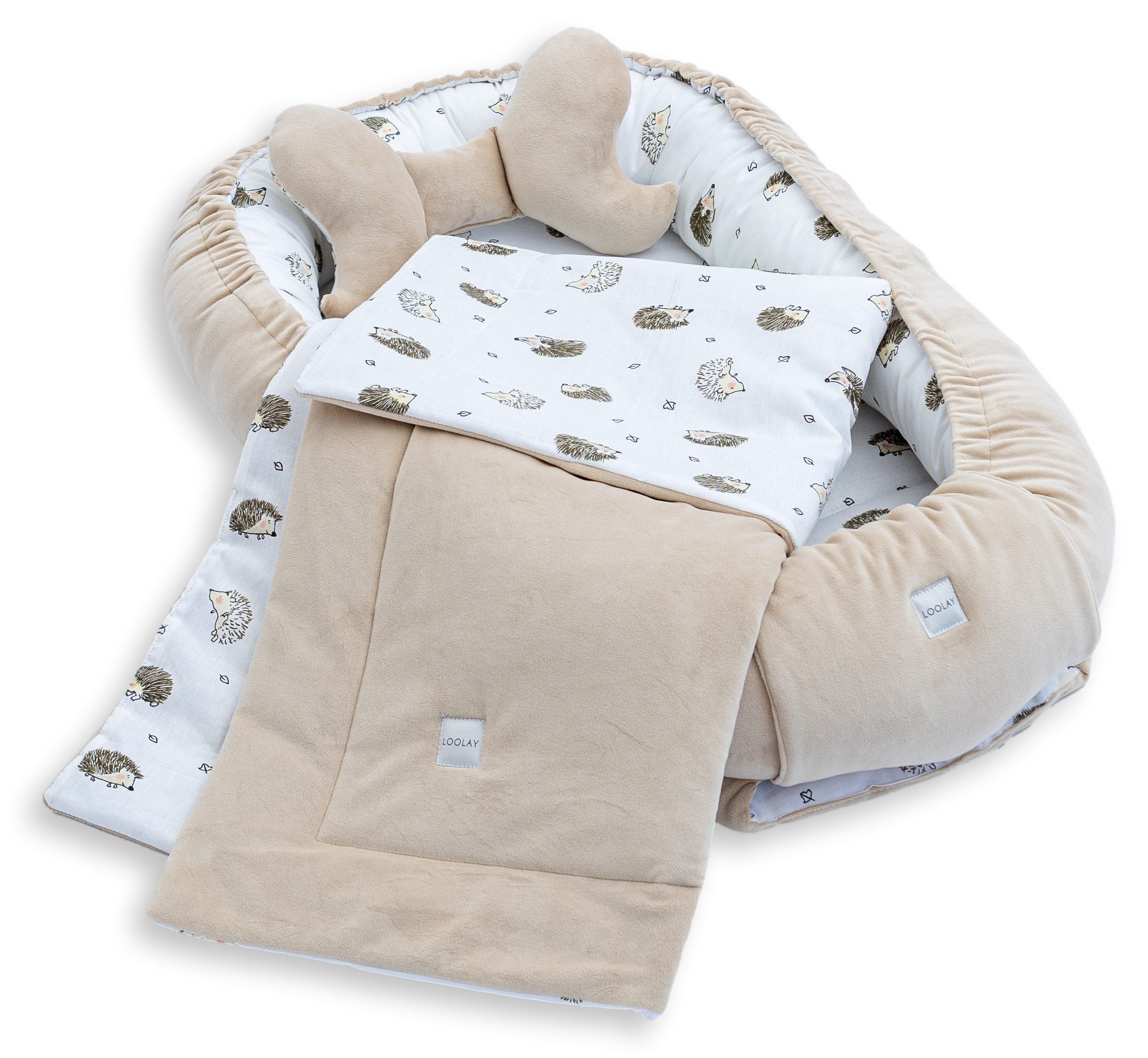 Loolay Kuschelnest BABYNEST + DECKE + Kissen Babyausstattung Baumwolle & Samt Velours, (MUSTER: BEIGE Samt Velour/ Igel Braun, 3-tlg., Liebevoll handgefertigt Nestchen! Geborgenheit Komfort für Neugeborene), Premium Ausstattung - 100% Europäische Stoffe und Kleinserien-Nähen!