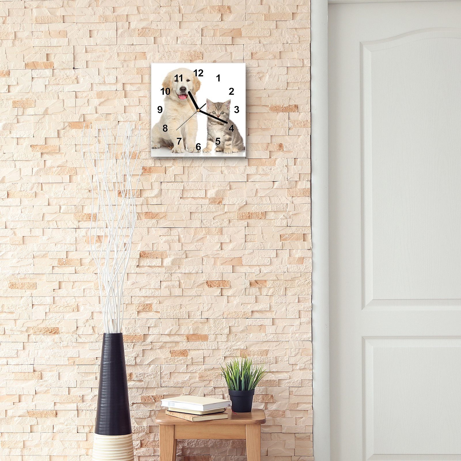 Primedeco Wanduhr cm 30 Katze Hund mit x 30 Wandkunst und Wanduhr Größe Motiv Glasuhr
