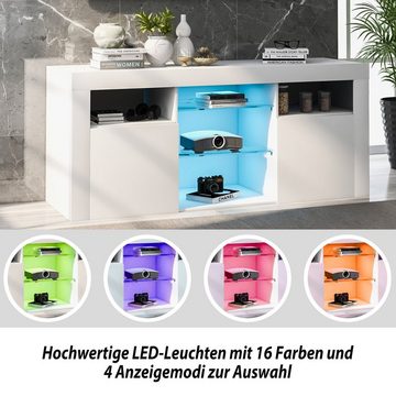 REDOM TV-Schrank TV-Tisch, TV-Ständer mit 2 Schränken mit Türen und 5 offenen Regalen (Hochglanz-TV-Schrank Einstellbares LED-System, weiß 120*35*50cm Multifunktionale Aufbewahrung) TV-Möbel für bis zu 55 Zoll Fernseher, 16-farbige LED-Beleuchtung