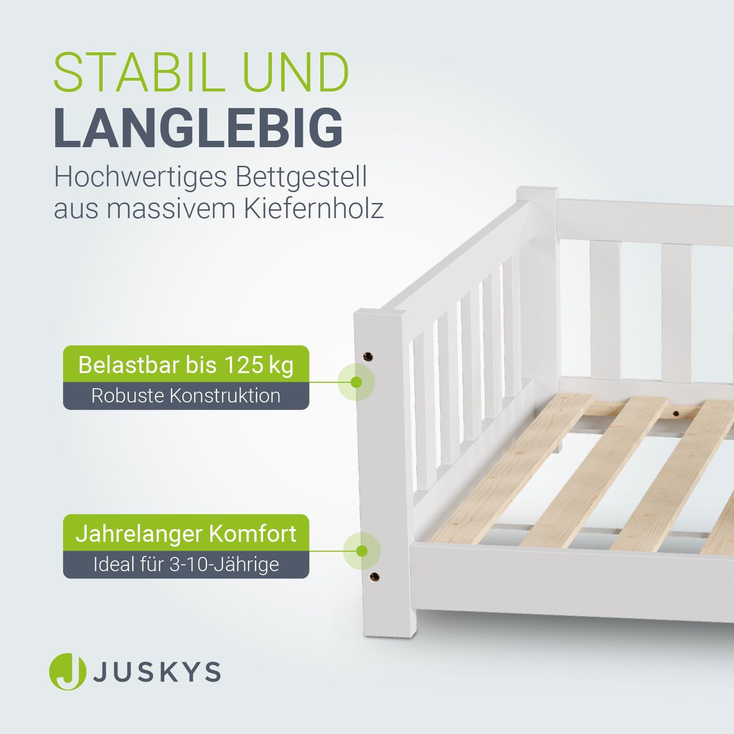 Juskys Kinderbett Naya, 90x200 cm Bodenbett aus Holz, mit Rausfallschutz & Lattenrost