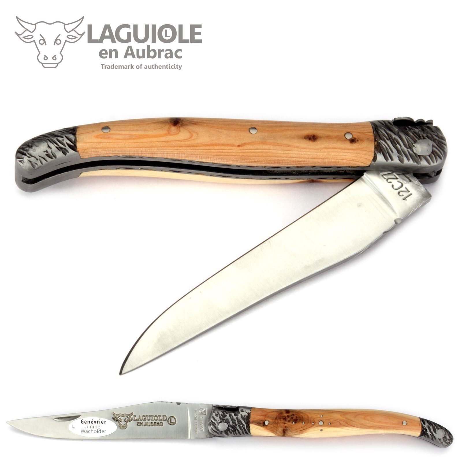 Laguiole en Aubrac Taschenmesser L0712GEMF, Griff 12cm Wacholder - Doppelplatine - Backen gehämmert - Stahl matt