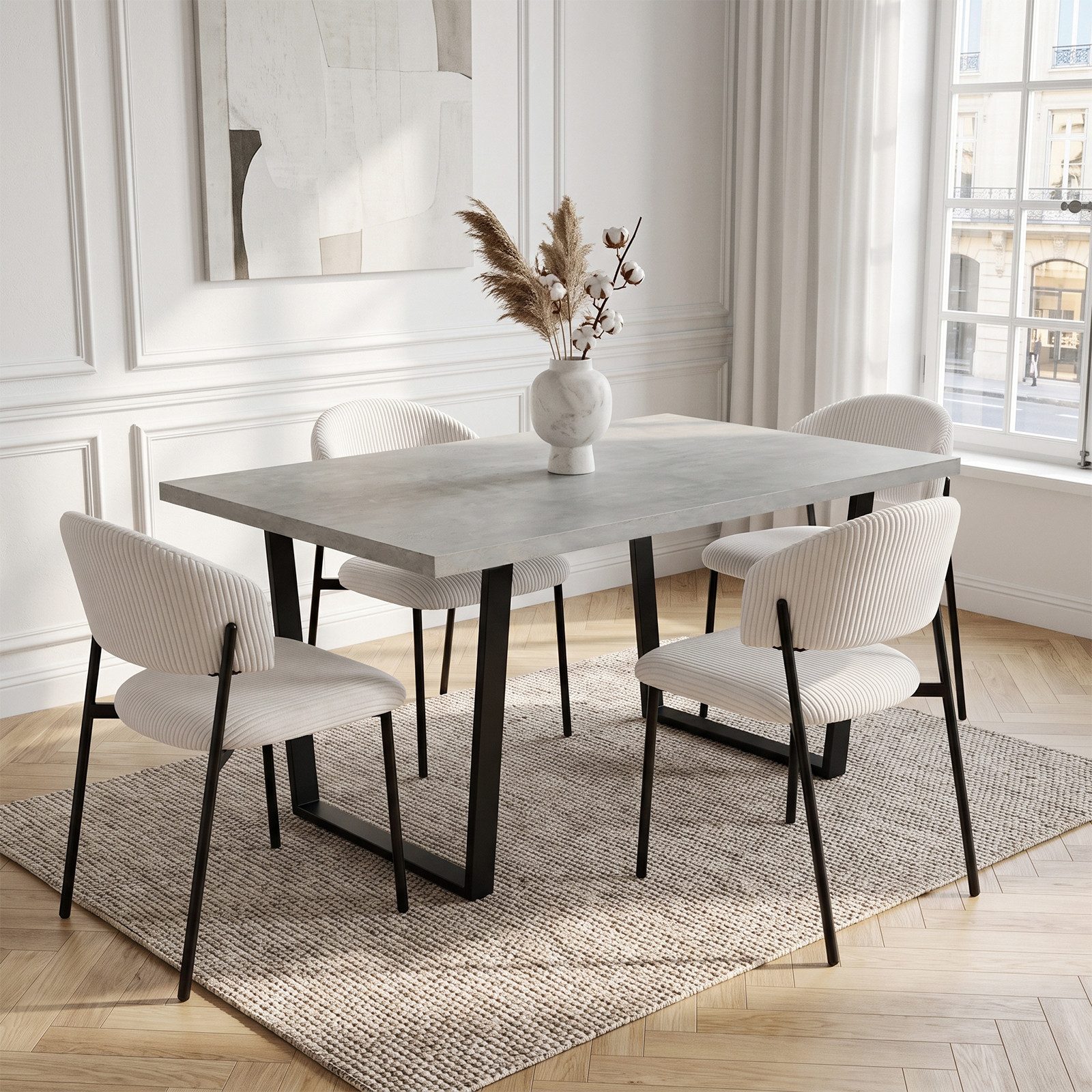 Jiexi Essgruppe Essgruppe 110x70cm MDF-Platte fix Tisch mit Cord-Polsterstühlen
