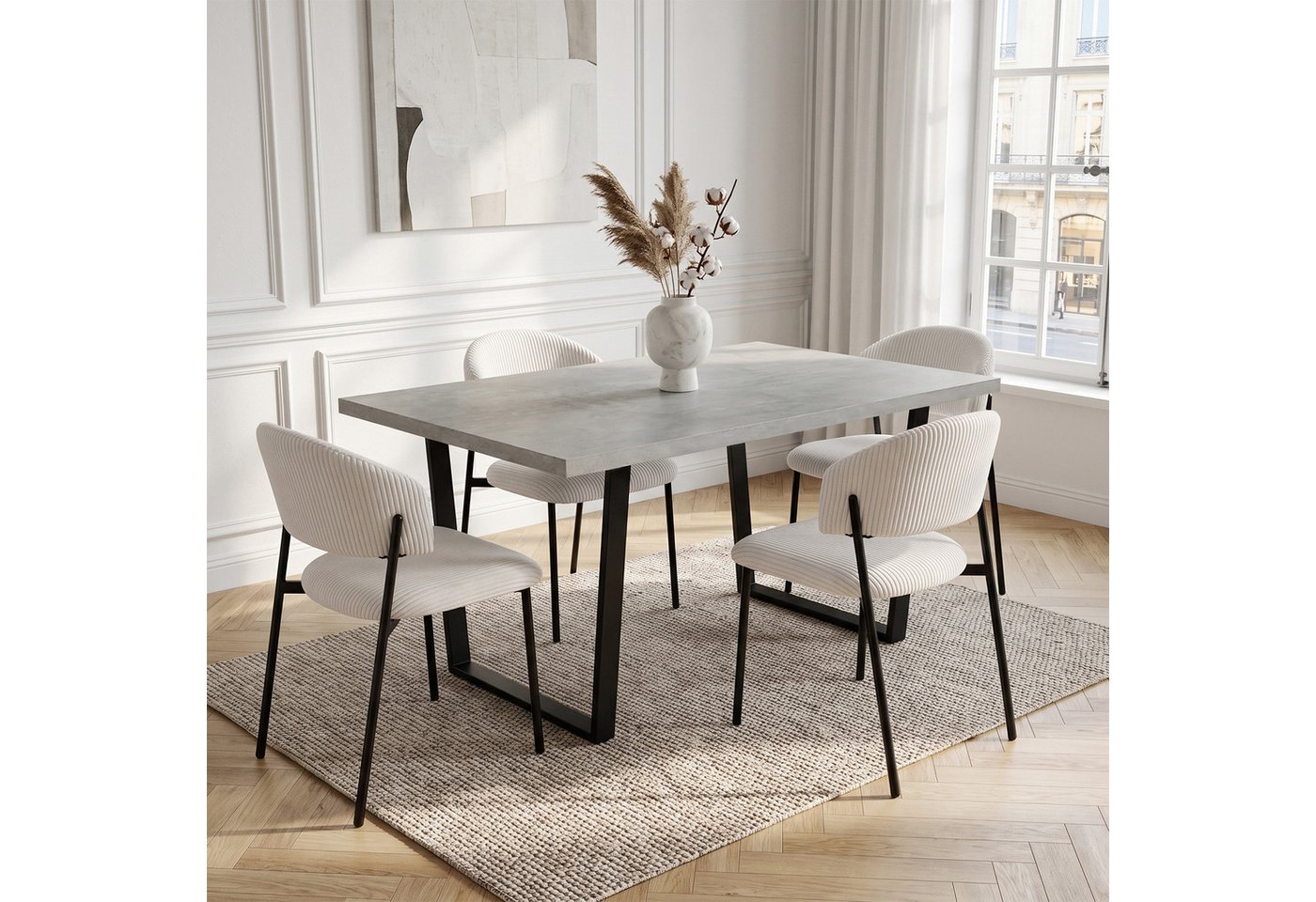 Jiexi Essgruppe Essgruppe 110x70cm MDF-Platte fix Tisch mit Cord-Polsterstühlen