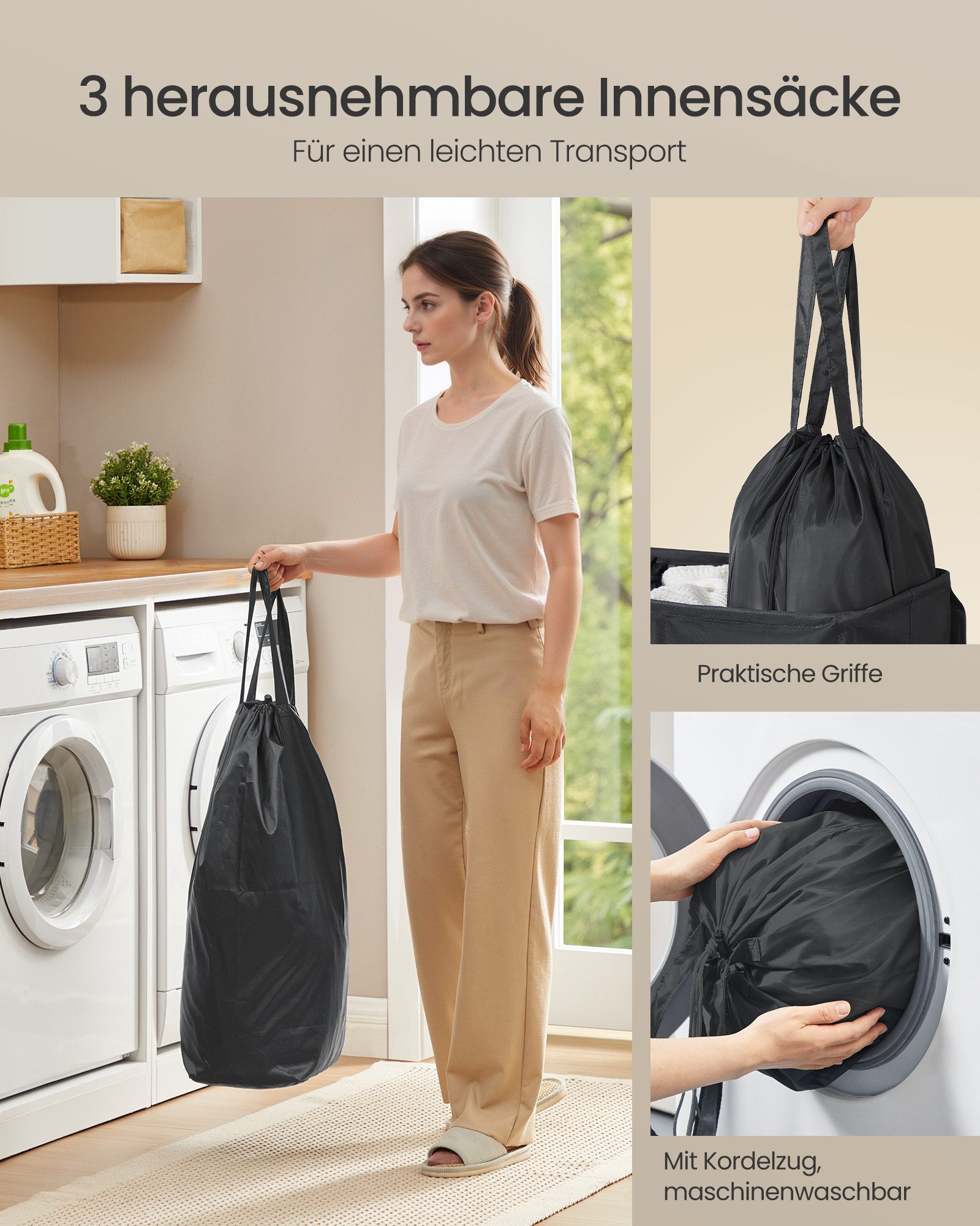 SONGMICS Wäschekorb herausnehmbarer und waschbarer Innensack, Waschküche Schlafzimmer, mit 3 Fächern, 160 L, mit Deckel, 5 Etiketten, 64 x 33 x 75 cm – Bild 5 von 5
