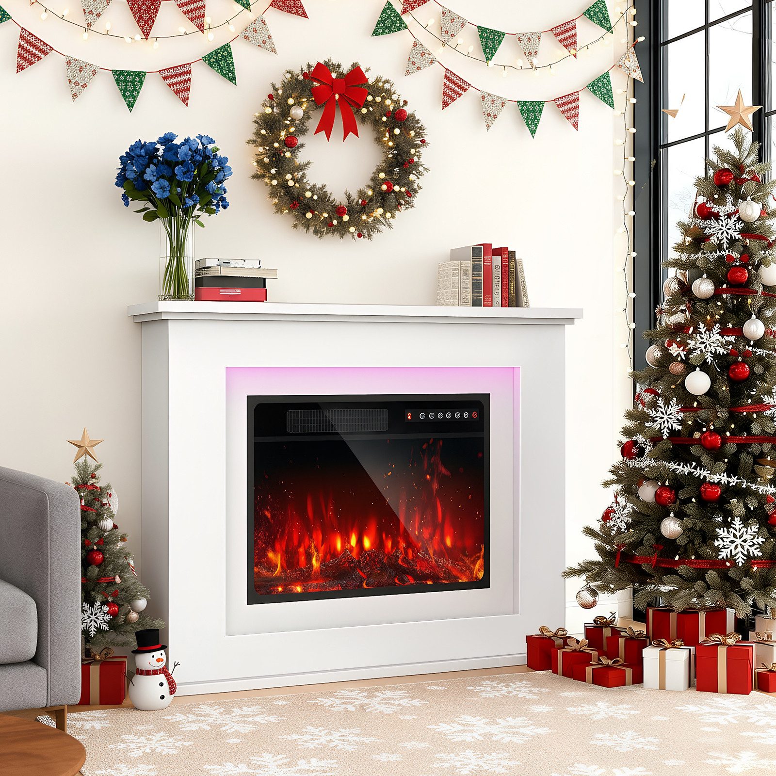 LETGOSPT Elektrokamin Elektrischer Standkamin mit Ablagefach, 3D-Flammeneffekt, LED-Ambientebeleuchtung, Heizung 2000W,Timer, Thermostat,Fernbedienung