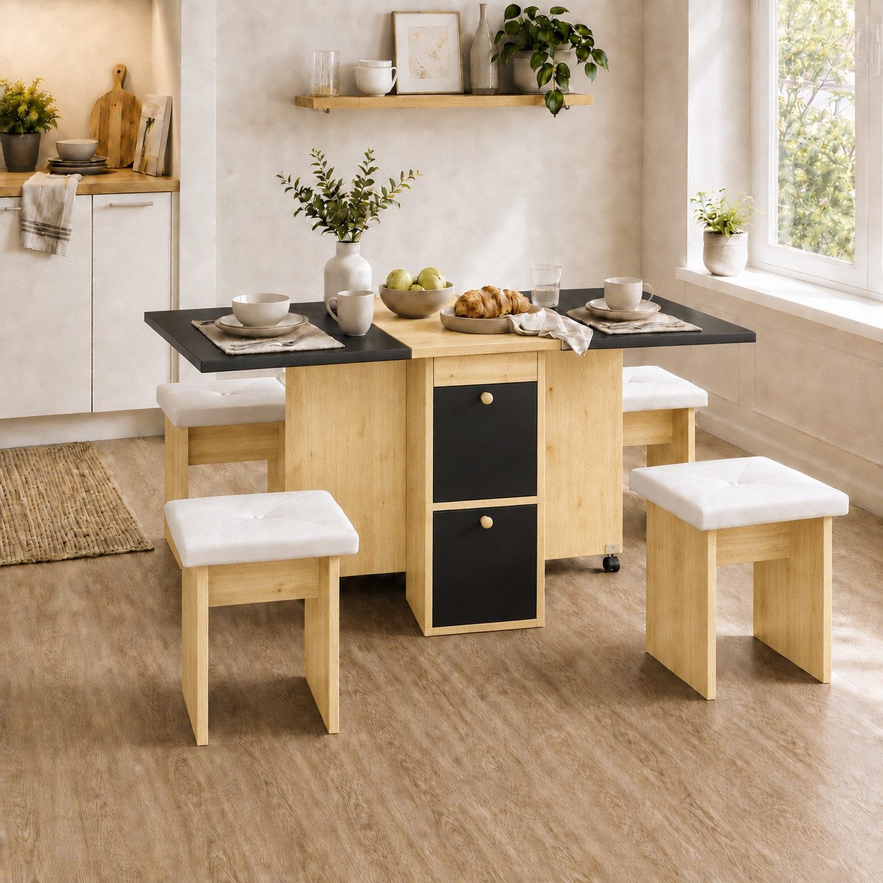 Celya Essgruppe Esstisch mit 4 Stühlen (5-tlg),Multifunktionaler ausziehbarer Esstisch, Klappbarer Esstisch,120x80x75cm, Esstisch mit Stühlen