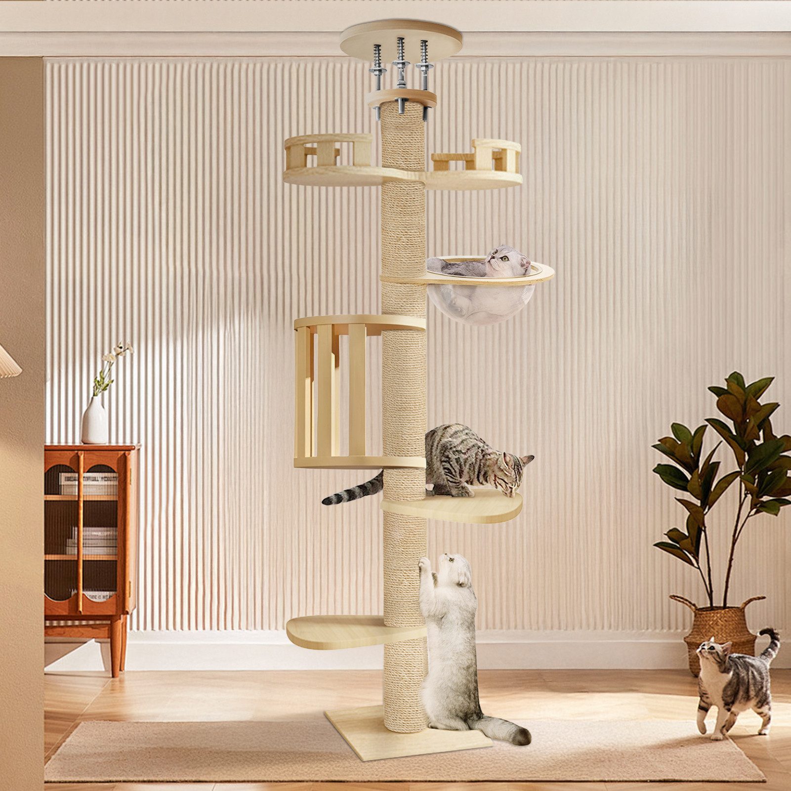 Rutaqian Kratzbaum Katzenhöhle, Kratzbaum Deckenhoch XXL für Große Katzen, Höhe 315 cm, Höhenverstellbar Katzenklettergerüst für große katzen, Kippschutz