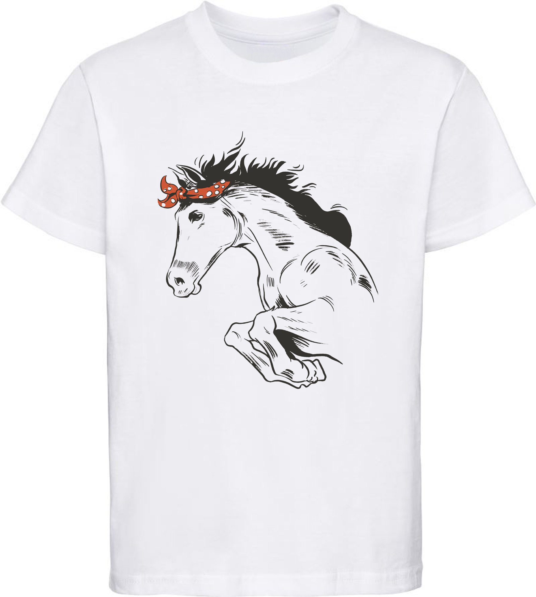 mit T-Shirt Aufdruck, Kopftuch weiss Baumwollshirt Print-Shirt i170 Springendes mit MyDesign24 - bedrucktes Pferde Pferd