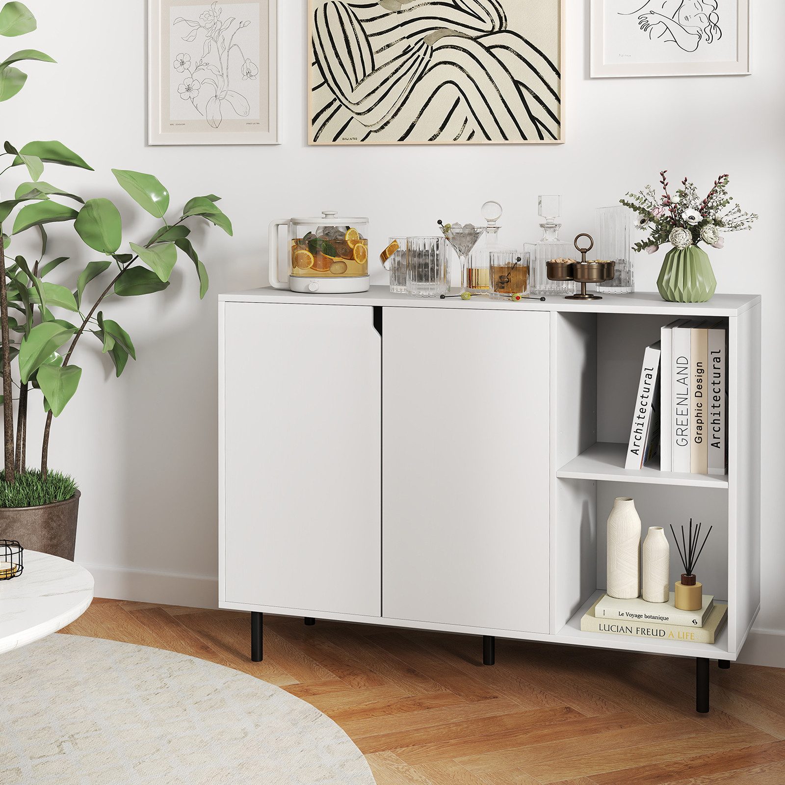 COSTWAY Sideboard Küchenschrank Anrichteschrank, mit verstellbaren Ablagen, 106cm – Bild 2 von 5