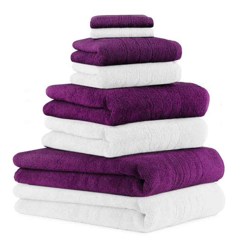 Betz Handtuch Set »8-TLG. Handtuch-Set Deluxe 100% Baumwolle 2 Badetücher 2 Duschtücher 2 Handtücher 2 Seiftücher Farbe weiß und Pflaume« (8-tlg)