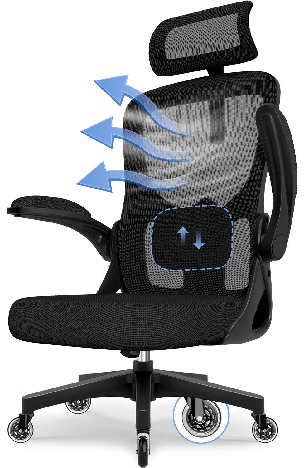 Hiazurm Bürostuhl Bürostuhl, Ergonomischer Schreibtischstuhl, Drehstuhl, Chefsessel (Verstellbare Armlehne,leise Rolle,Bis 155 kg belastbar, Atmungsaktiv,Sitzhöhe Einstellung,Wippfunktion 90°-135), Mit Lendenkissen, Schwarz