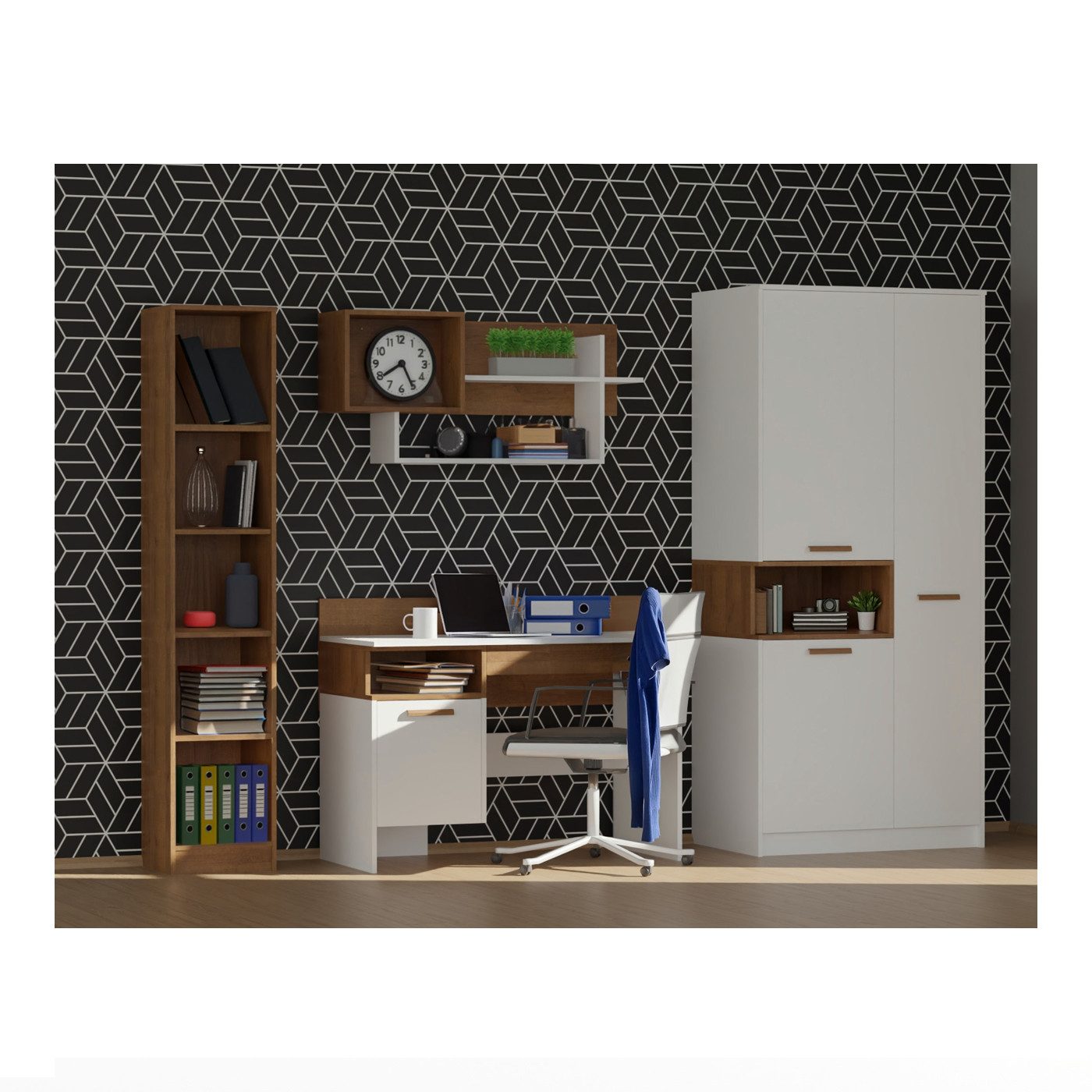 Marmex Möbel Schrank-Set GRANT SET 06 Schreibtisch Bücherregal Wandregal Drehtürenschrank, (4-St), Soft-Close-Scharniere, Vollauszug der Schublade