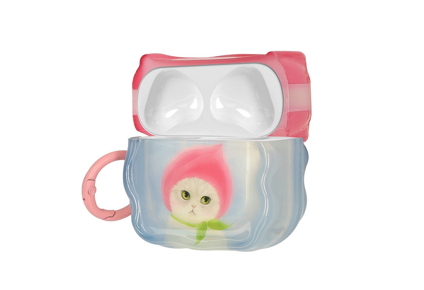 kwmobile Kopfhörer-Schutzhülle In-Ear Kopfhörer Case für Apple Airpods 4, Hülle mit Karabiner - Headphones Case - Katze mit Pfirsichhut Design