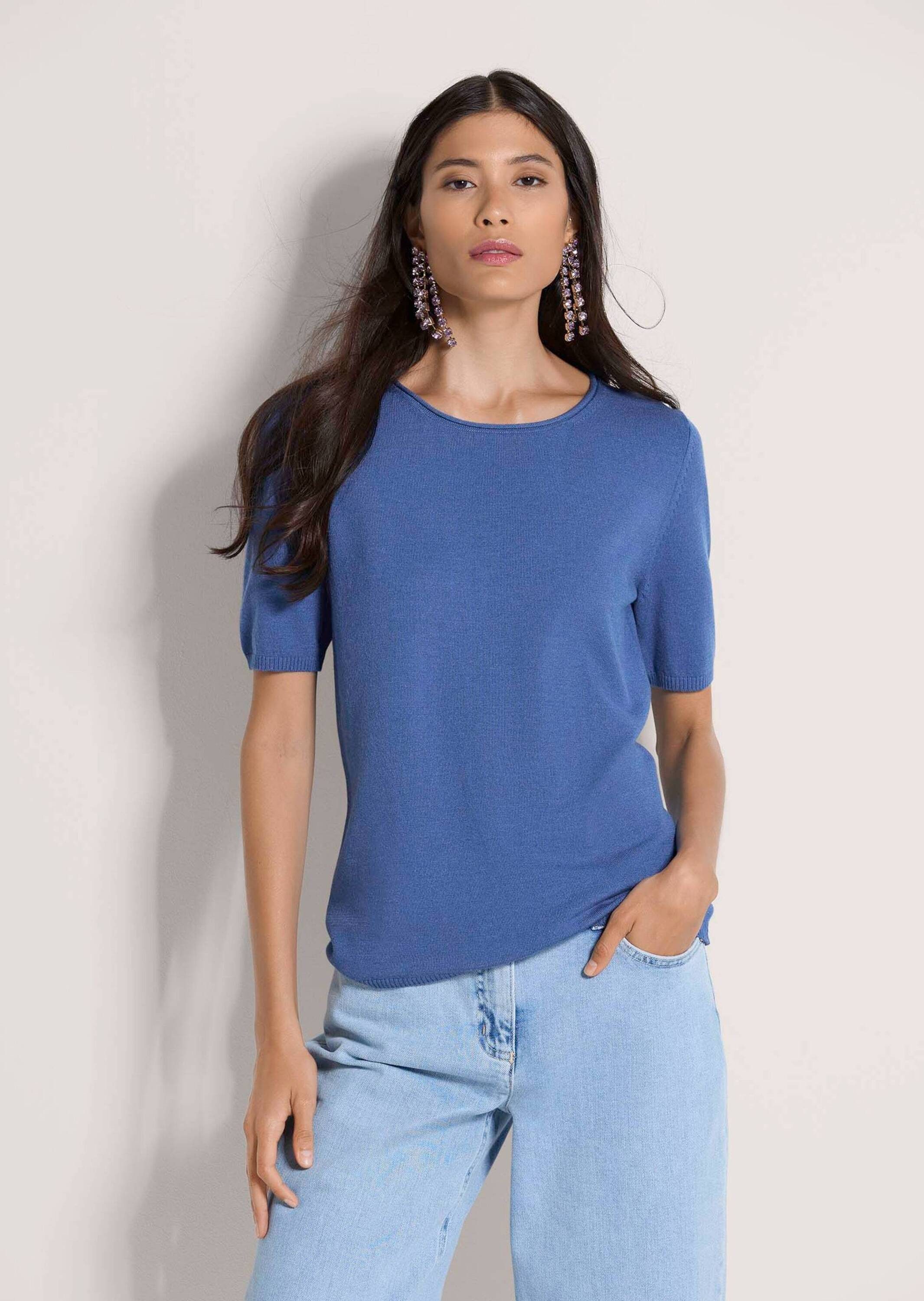 MADELEINE Strickpullover Sommerpulli mit Rollkante Feinstrickpullover mit Rundhals, Rippenabschlüssen und Halbarm