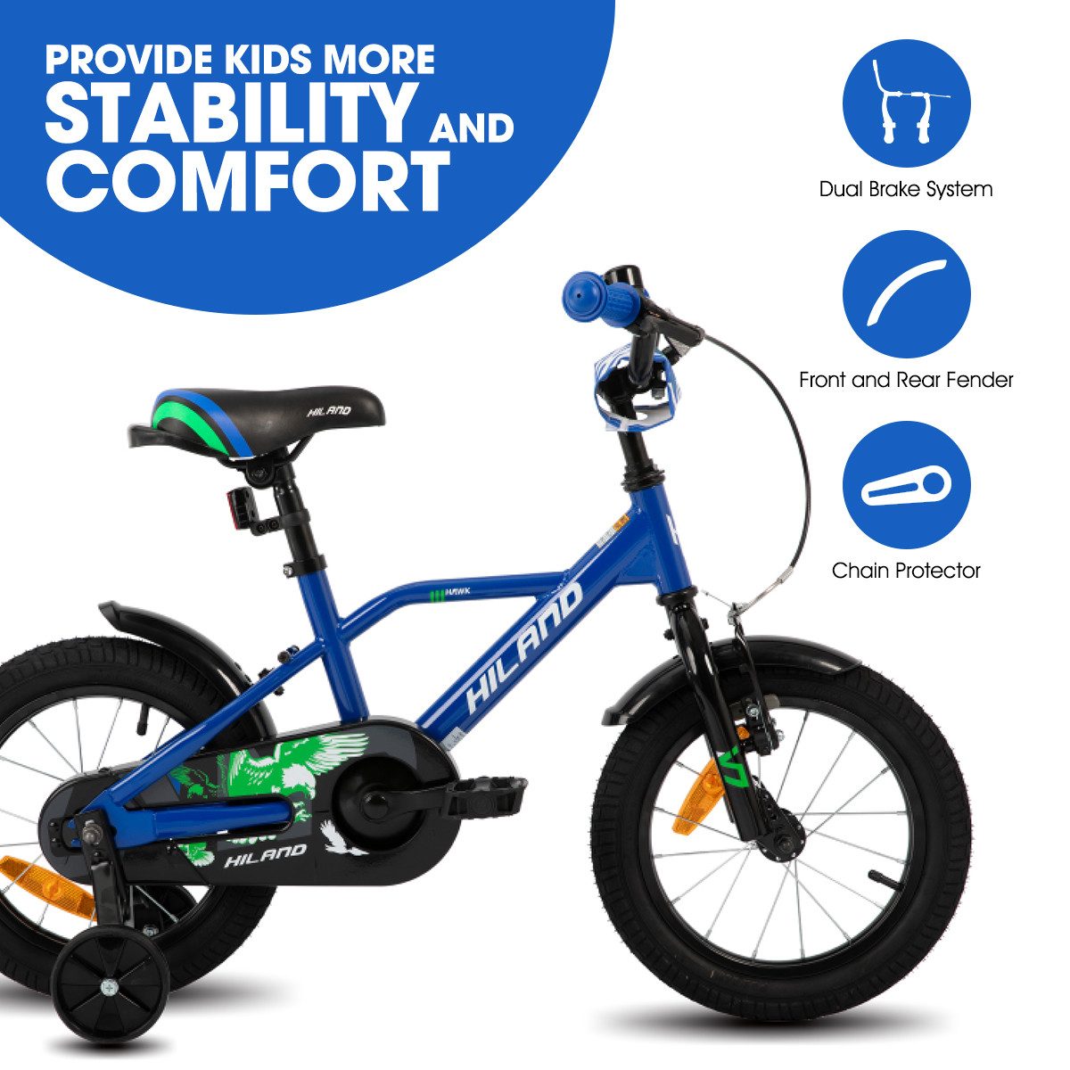 HILAND Kinderfahrrad Hawk 12 14 16 20 Zoll Kinderfahrrad für Jungen 3-10 Jahre, mit Stützrädern, V Bremseund Rücktrittbremse, Hilfsrad, Kotflügel