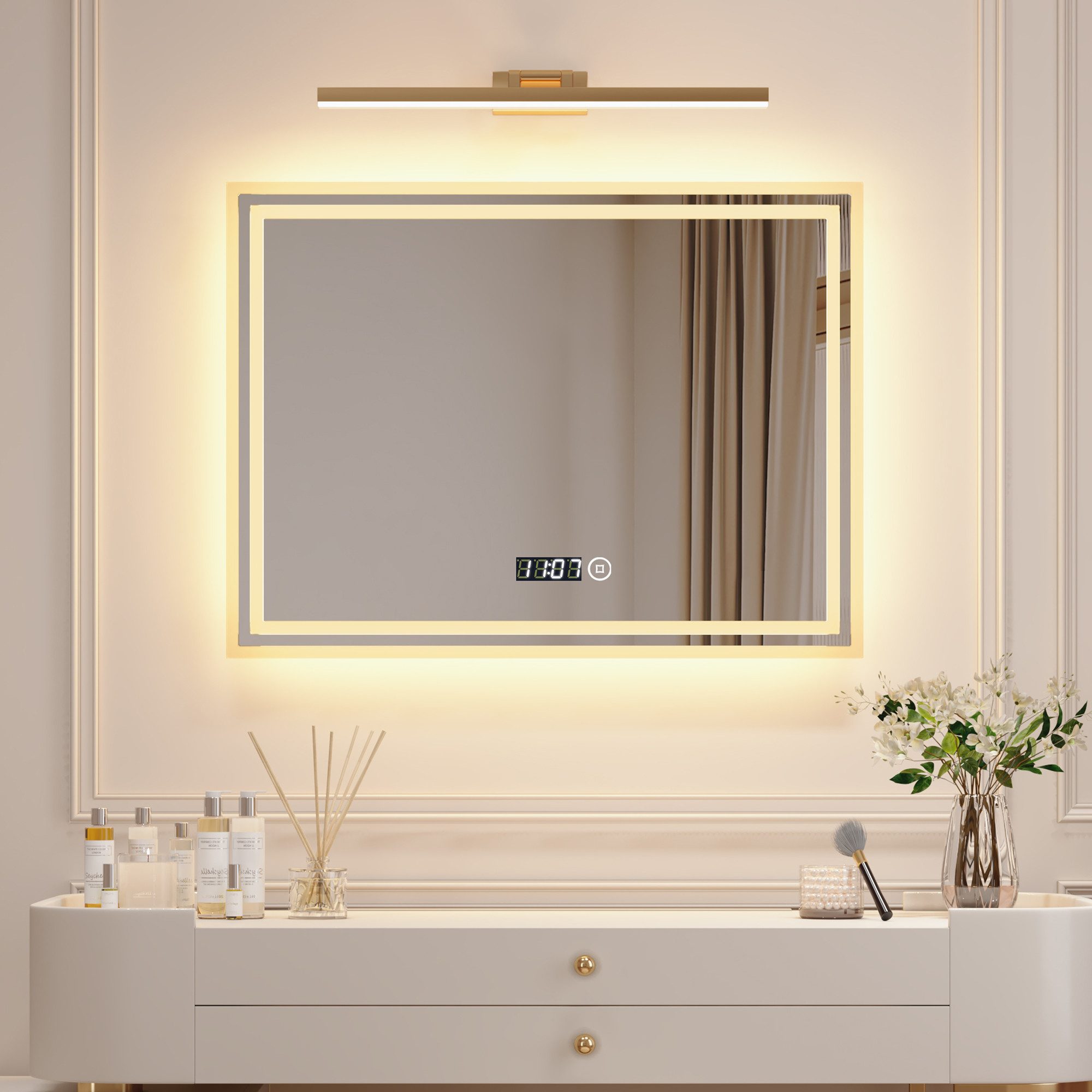 Kosmetikspiegel Wandmontage mit Beleuchtung Badspiegel led Dimmbar Uhrzeit