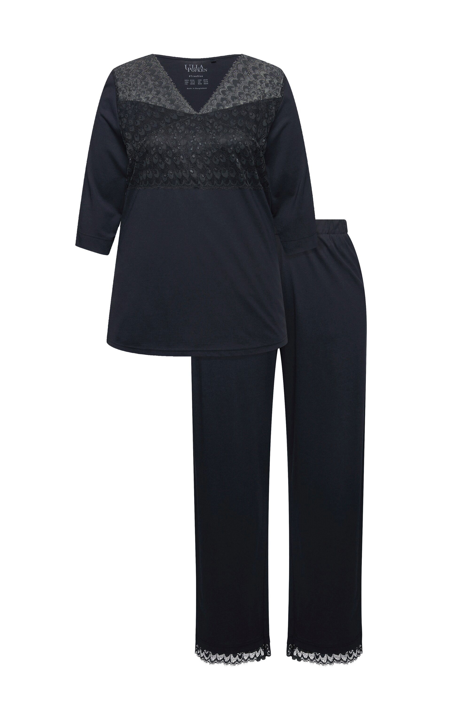 Ulla Popken Pyjama Pyjama Spitzeneinsatz V-Ausschnitt 3/4-Arm günstig online kaufen