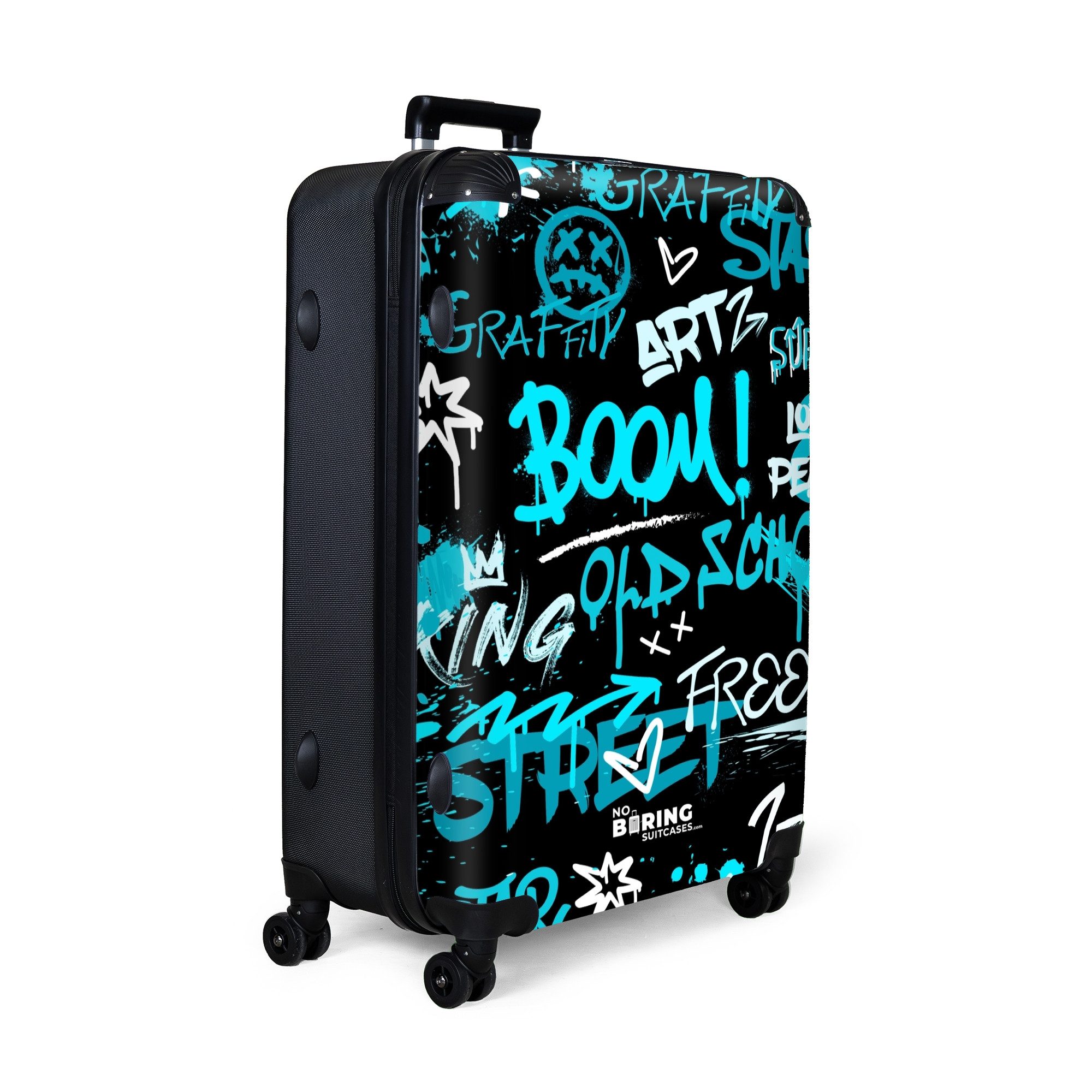 NoBoringSuitcases.com© Hartschalen-Trolley Straßenkunstwerk mit blauen Text günstig online kaufen