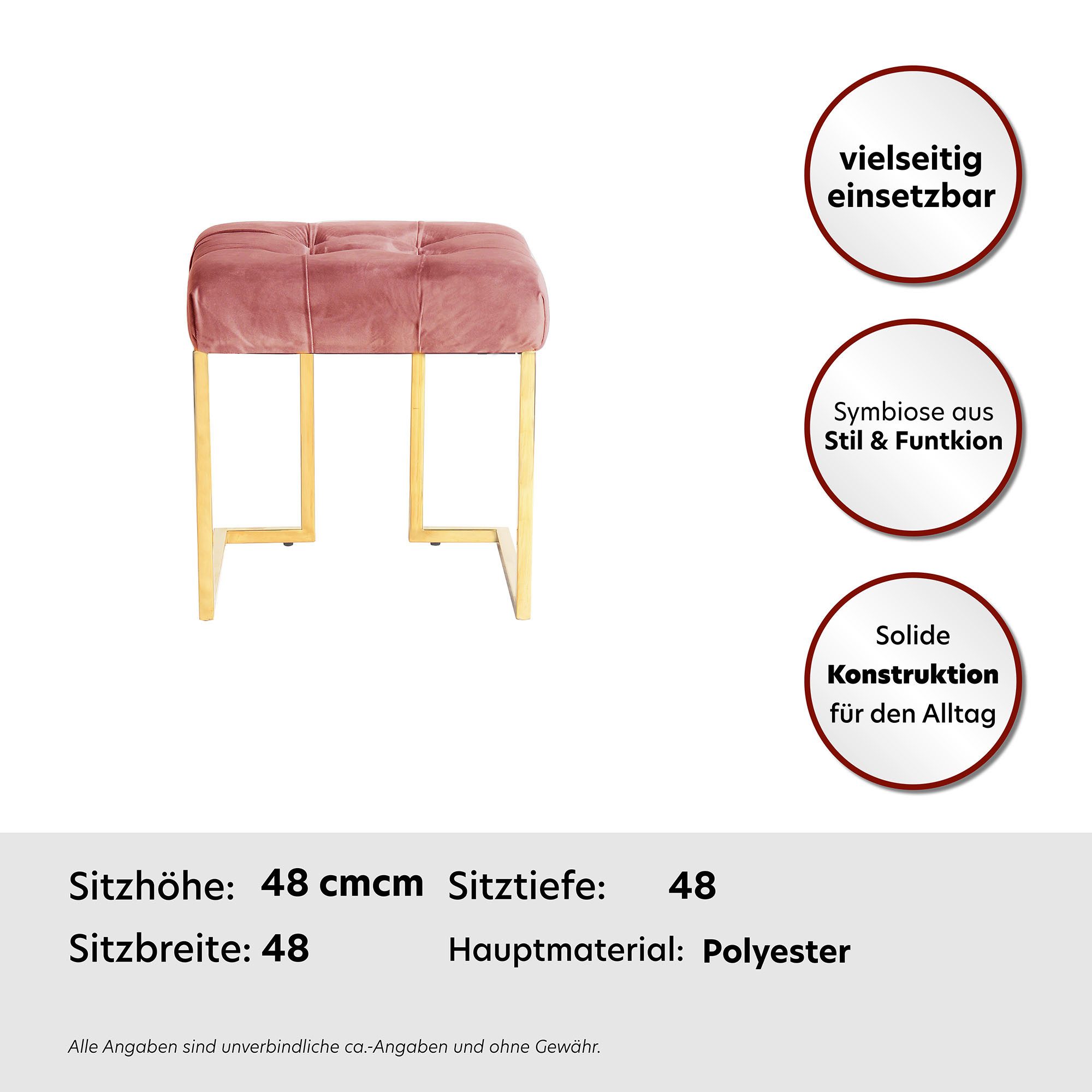 Kayoom Polsterhocker Hocker Rarity 125, Edler Touch durch goldenes Gestell (1 St), eckig, samtweich, gesteppt, mit Zierknöpfen, Edelstahlgestell