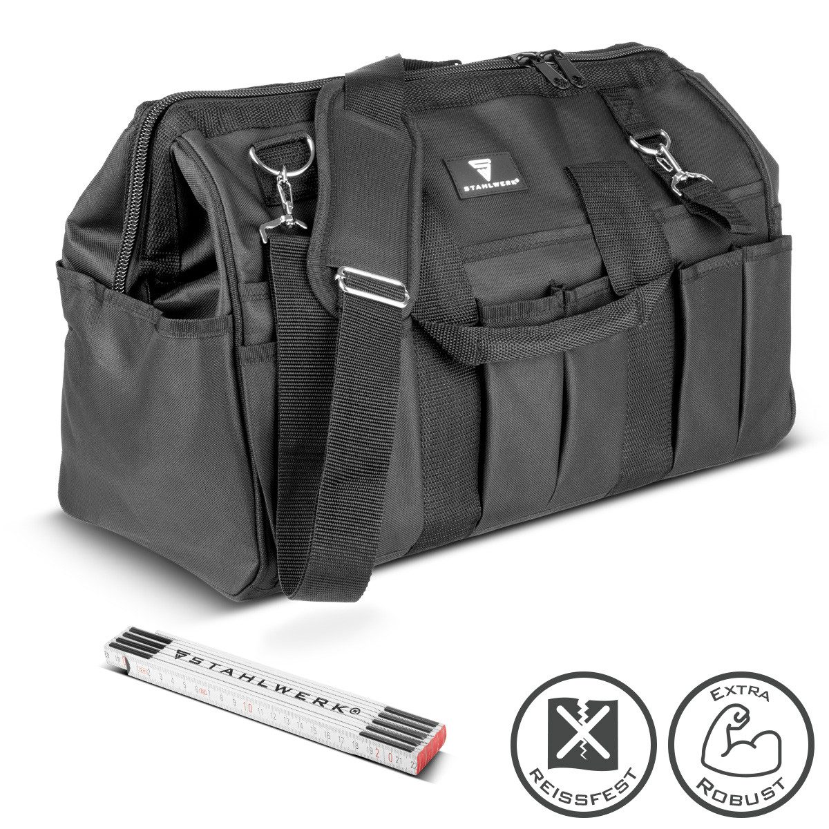 STAHLWERK Werkzeugtasche stabile XL-Montagetasche Elektrikertasche 21 Fächer