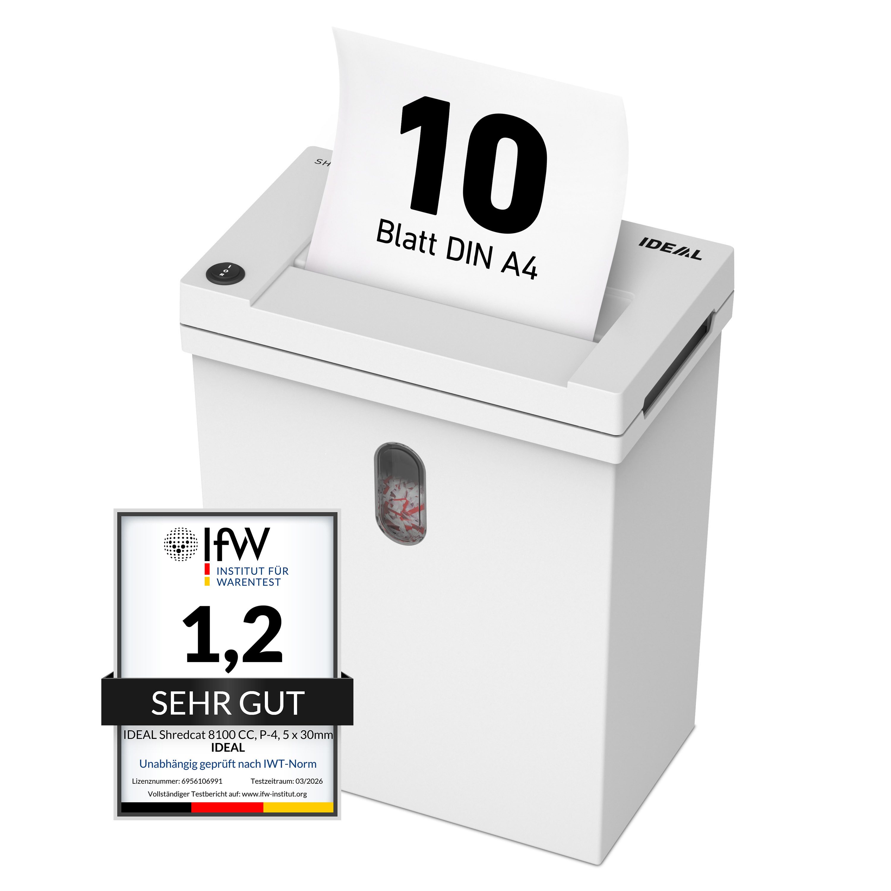 IDEAL Aktenvernichter IDEAL Shredcat 8100 CC, 5 x 30 mm Partikelschnitt, Sicherheitsstufe P-4, bis 12 Blatt, 20 l Auffangvolumen, DSGVO-konform