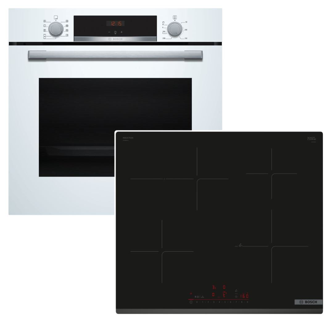 BOSCH Backofen-Set weiß EcoClean HYDROLYSE + Induktionskochfeld PowerBooster autark 60 cm