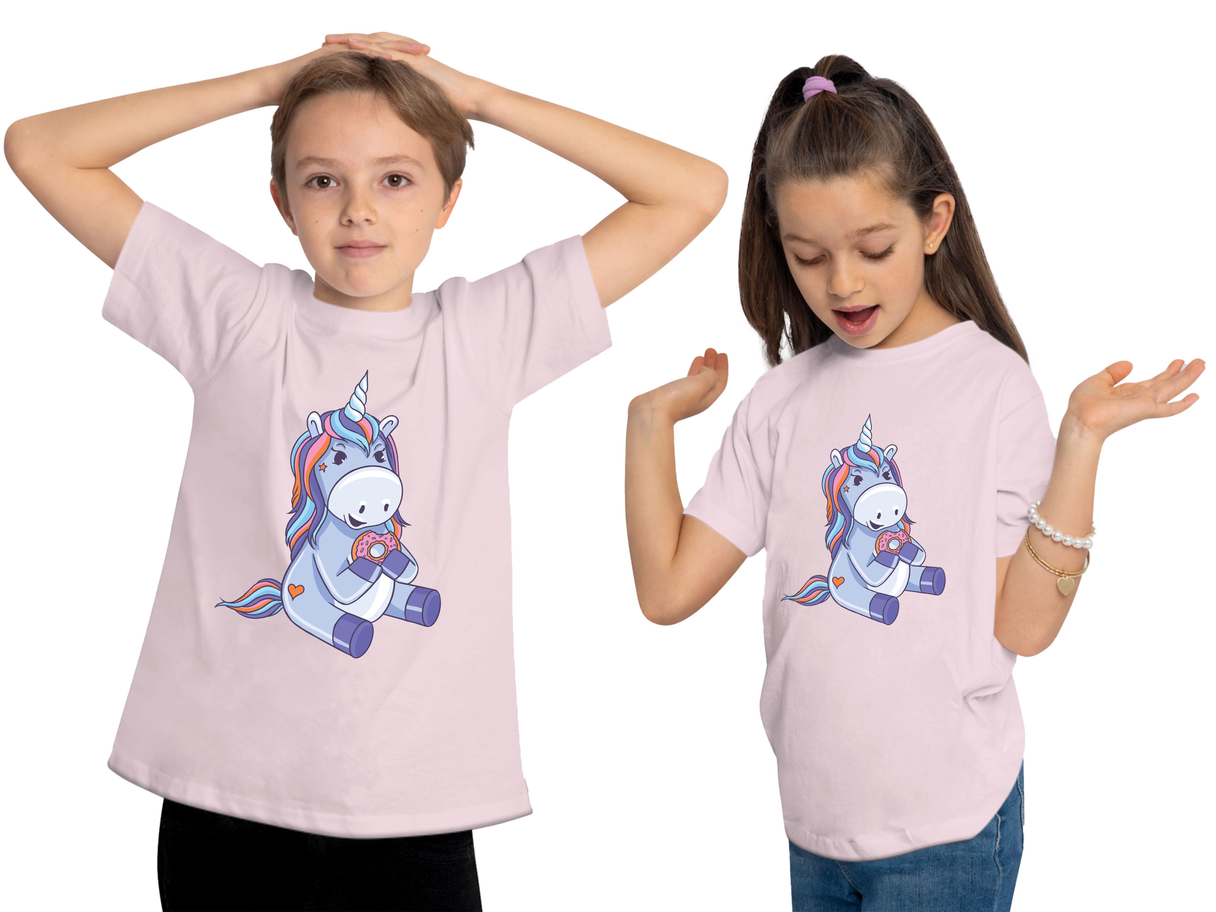 MyDesign24 T-Shirt Kinder Einhorn Print mit Baumwollshirt Shirt bedruckt Aufdruck, - essendes Einhorn Donut rosa i249
