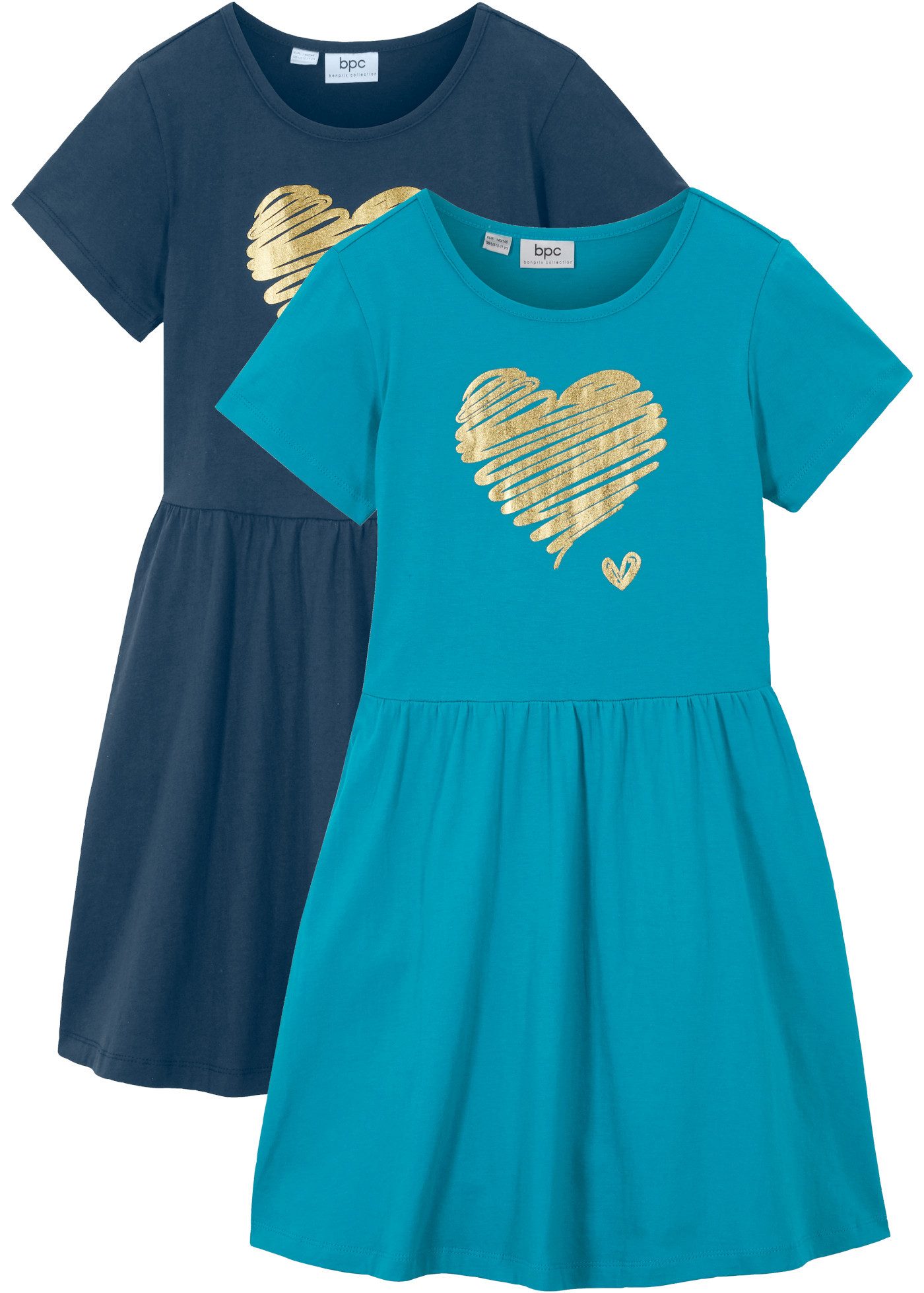 bonprix Jerseykleid (Packung, 2er) aus Baumwolle, ausgestellter Rock, mit Herz-Druck, im 2er-Pack