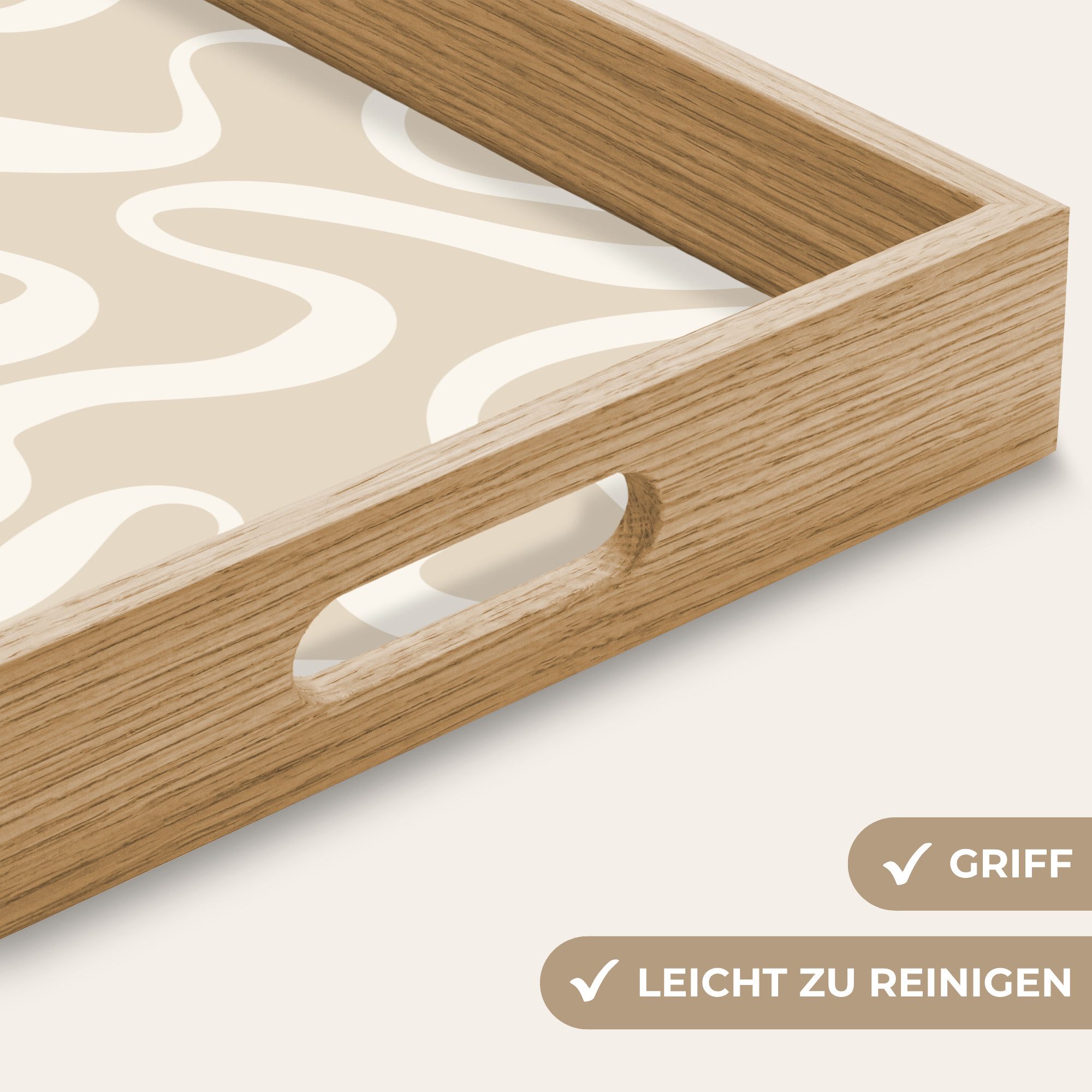 OnlyWow Tablett Rechteckig mit Henkel Linien - Abstrakt - Beige - Weiß - Minimalistisc, Eichenholz, (1-tlg), Siervierplatte, Tray, Frühstücksbrett