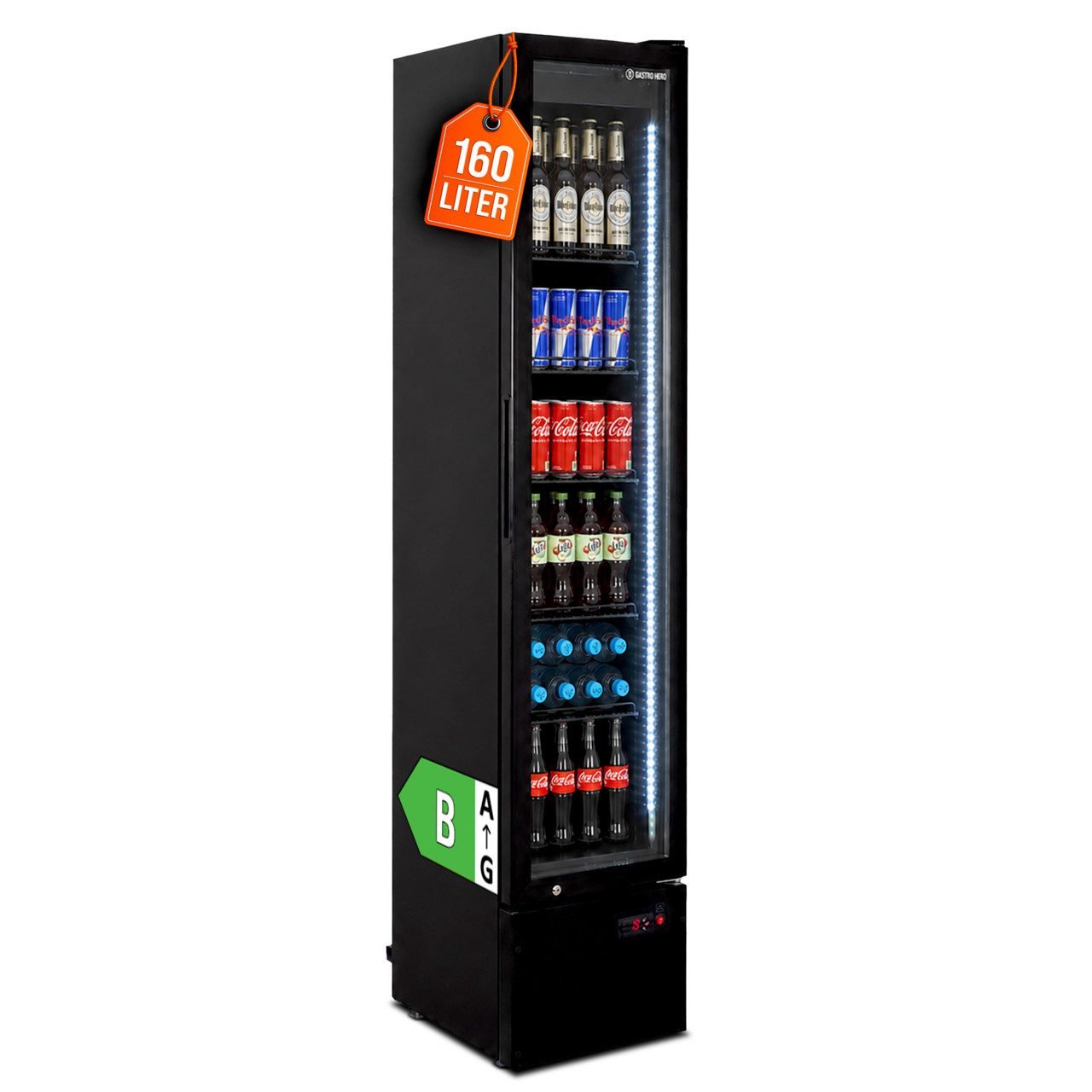 GastroHero Getränkekühlschrank Flaschenkühlschrank 160 Liter schwarz mit Glastür & LED Beleuchtung GKS-160, 188.8 cm hoch, 39 cm breit, Digitale Temperaturanzeige, höhenverstellbare Füße, Rollen