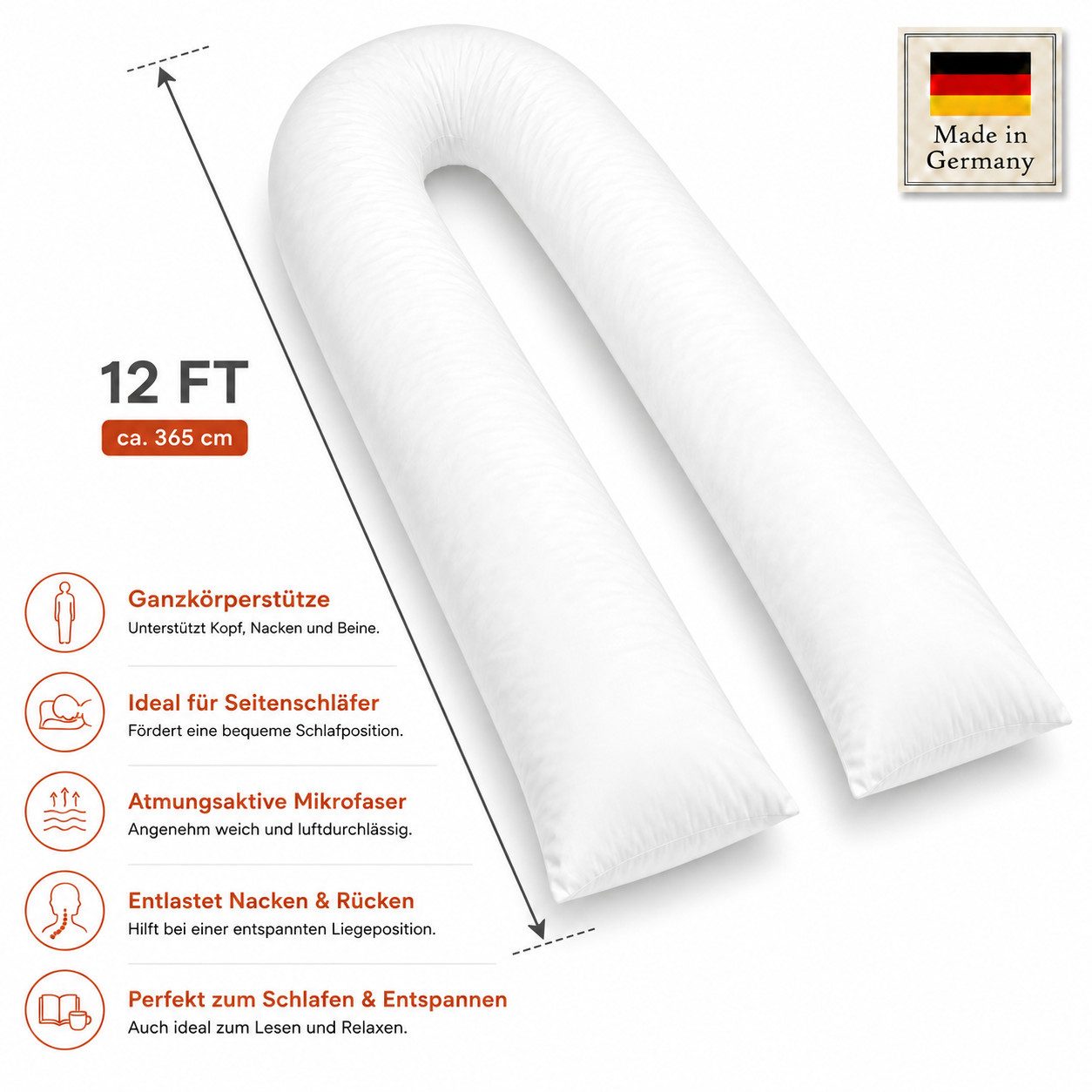 NEXGEN Luxus Baumwollkissen U-förmiges Schwangerschaftskissen 12 ft mit Bezug, Atmungsaktiv, Füllung: 100 % Polyester-Hohlfaser, Seitenschläfer, Bauchschläfer, Rückenschläfer, Spar-Set, Hergestellt in Deutschland, Deluxe Komfort