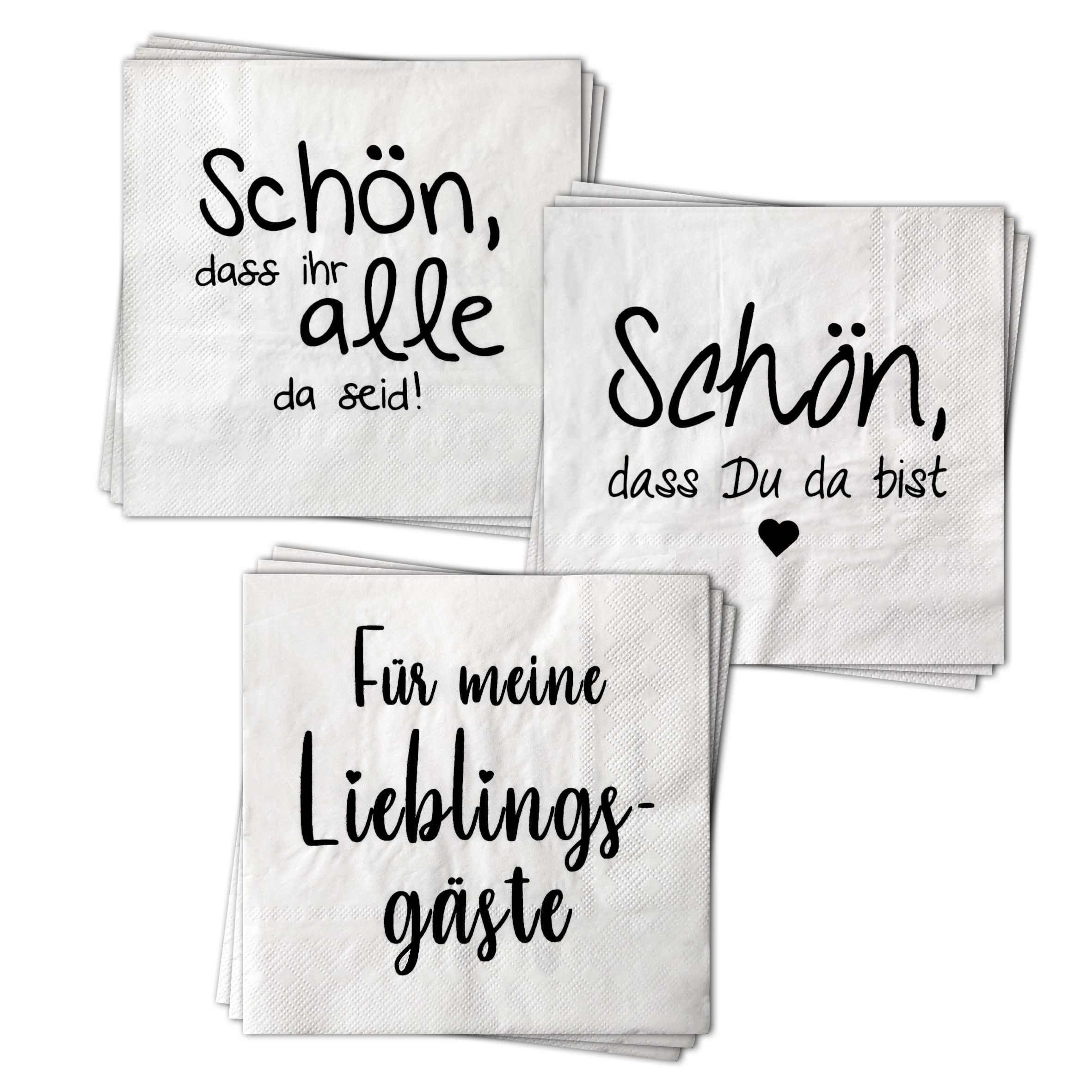 Spetebo Papierserviette Servietten 60 Stück mit 3 verschiedenen Motiven - Gastfreundschaft, (Set, 60 St., Papierservietten), Tischdeko Papierservietten 3er Set mit Spruch