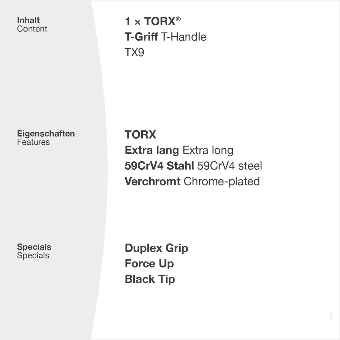 TORX Torxschlüssel TX9-TX40 Winkelschraubendreher mit Tip Black T-Griff, Force Duplex Up, Griff