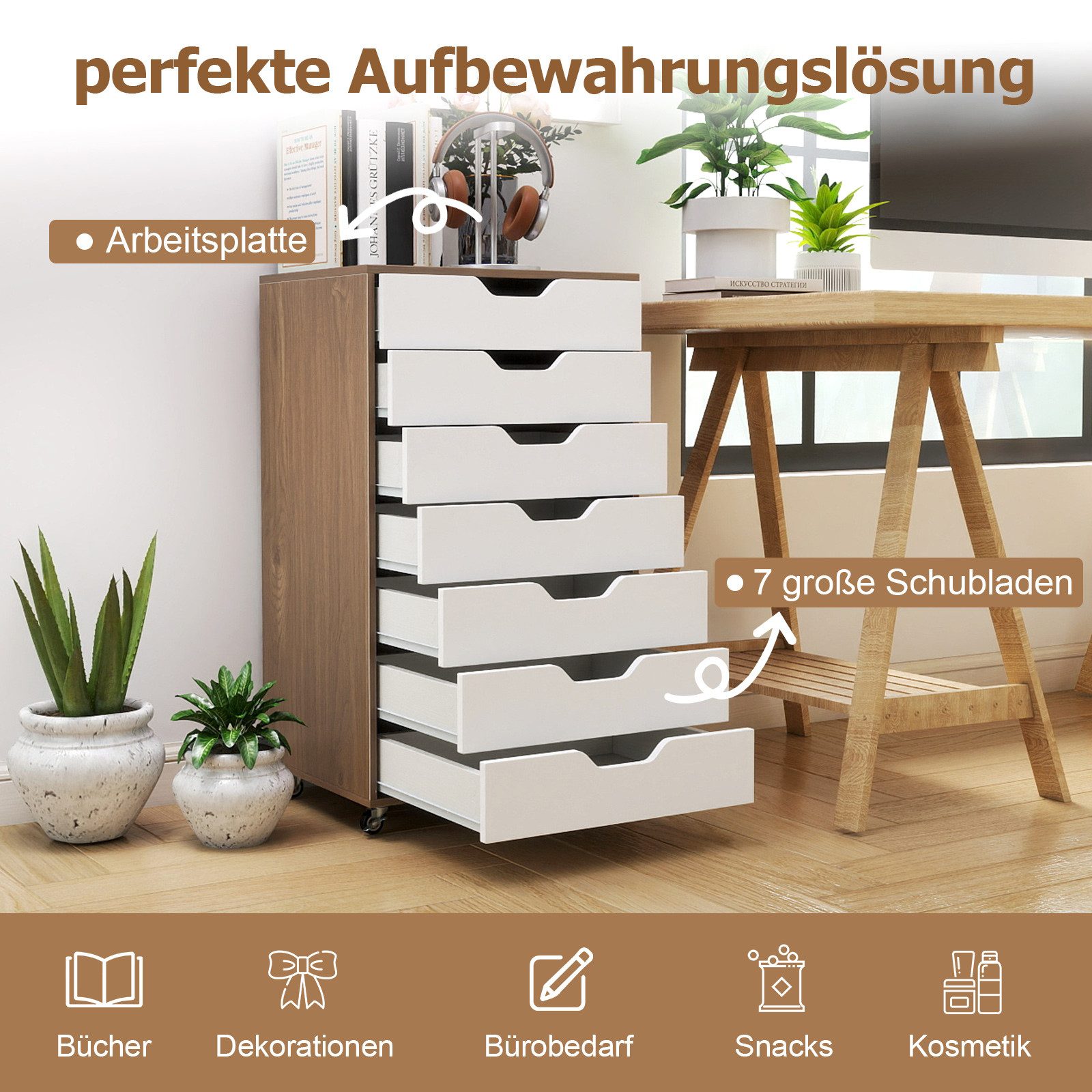 COSTWAY Rollcontainer, mit 7 Schubladen Aktenschrank mit Rädern