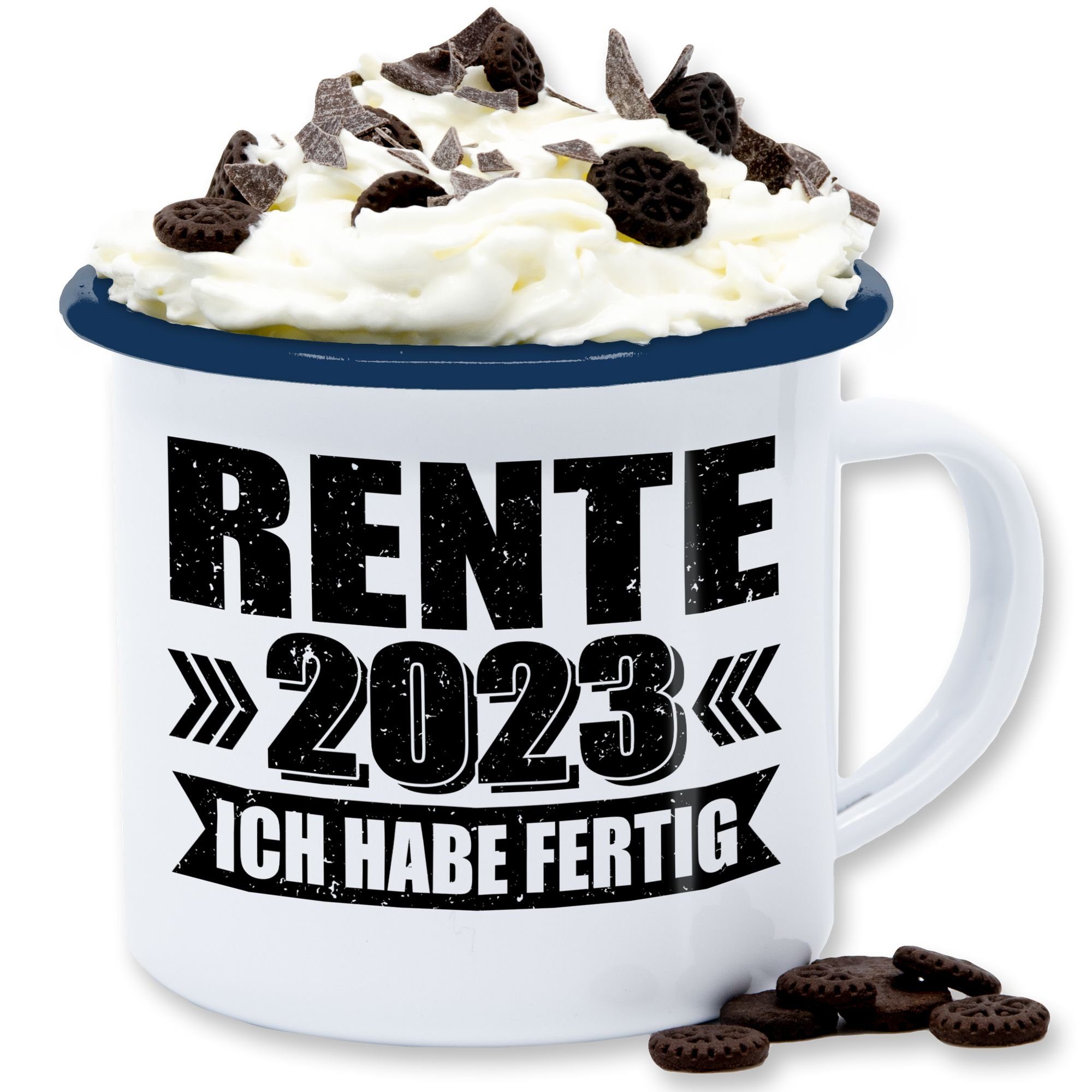 Shirtracer Tasse Rente 2023 ich habe fertig, Stahlblech, Rente Geschenk Kaffeetasse 3 Weiß Blau