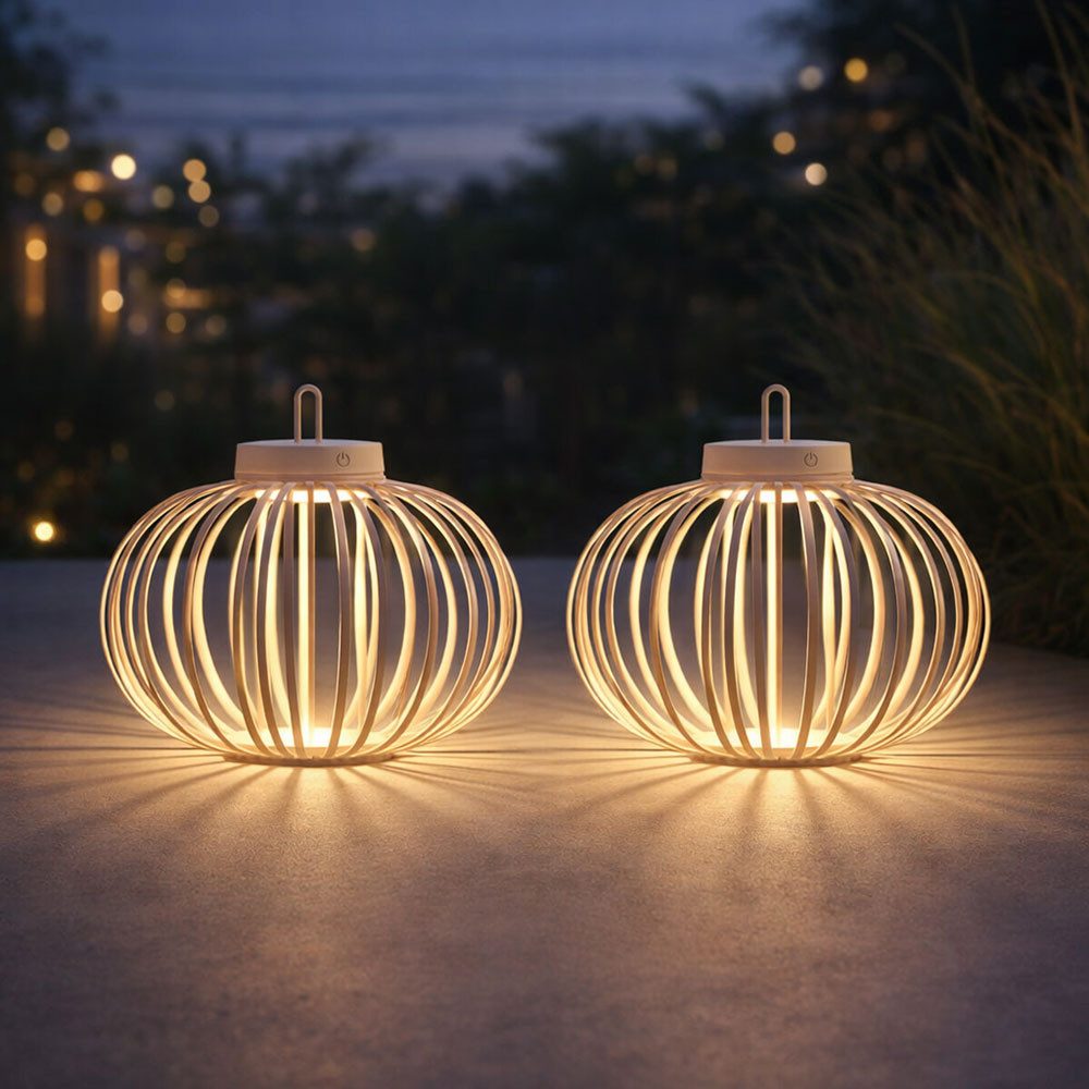 JUST LIGHT Außen-Tischleuchte, LED-Leuchtmittel fest verbaut, Warmweiß, LED Tischleuchte Pendellampe Akku Bambus greige USB Touchdimmer 2x