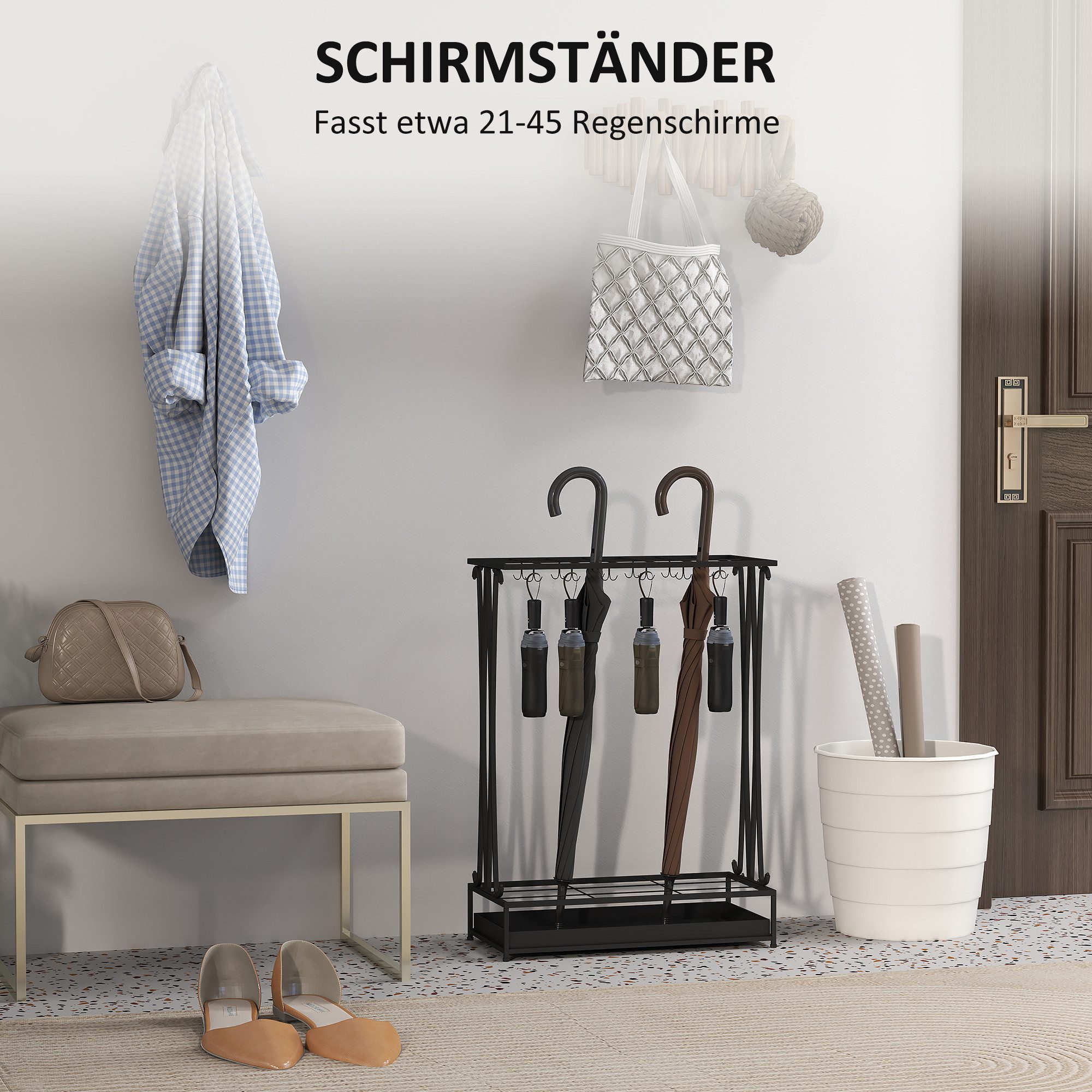 HOMCOM Schirmständer Regenschirmständer Stahl mit 24 Haken, 21 Löchern (Rechteckiger Schirmhalter, 1 St., Regenschirmständer Stahl), für Gehstöcke & Regenschirm – Bild 4 von 5
