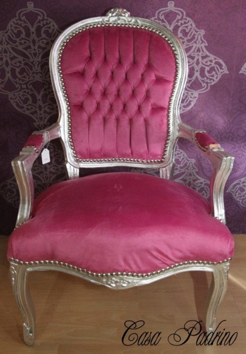Casa Padrino Besucherstuhl Barock Salon Stuhl Rosa/Silber - Barock Antik Stil Möbel