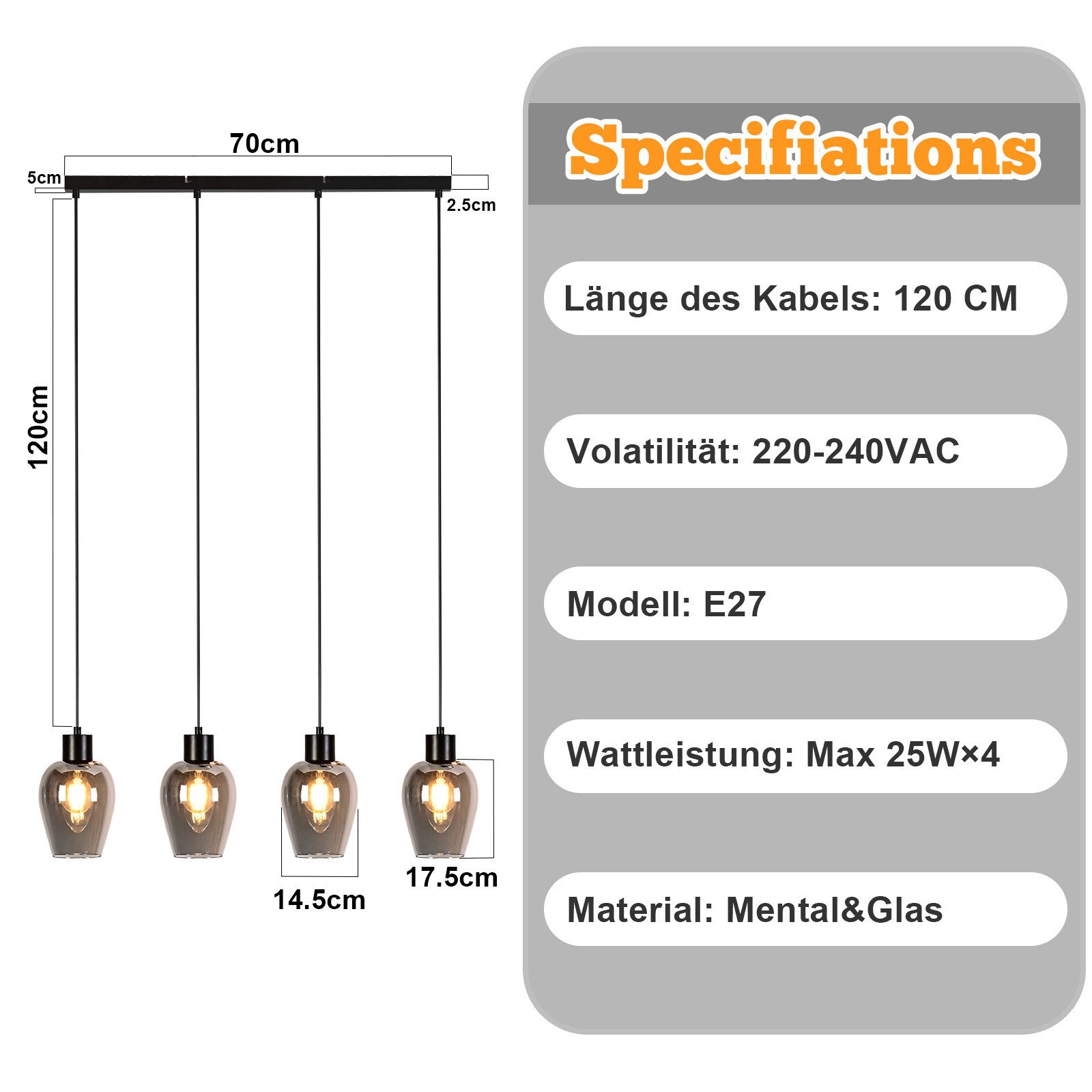 Nettlife Pendelleuchte Vintage Schwarz mit 1/3/4 flammig Rauchglas-Schirmen Hängelampe E27, Höhenverstellbar, LED wechselbar, Esstischlampe für Wohnzimmer Küche