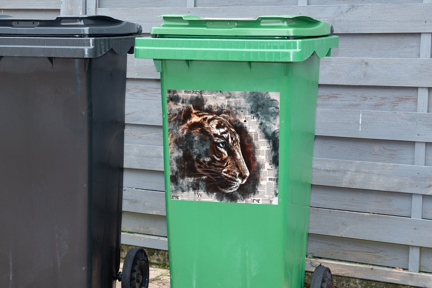 MuchoWow Wandsticker Tiger Sticker, Mülltonne, Kunst Container, Abfalbehälter - Mülleimer-aufkleber, St), Zeitung - (1