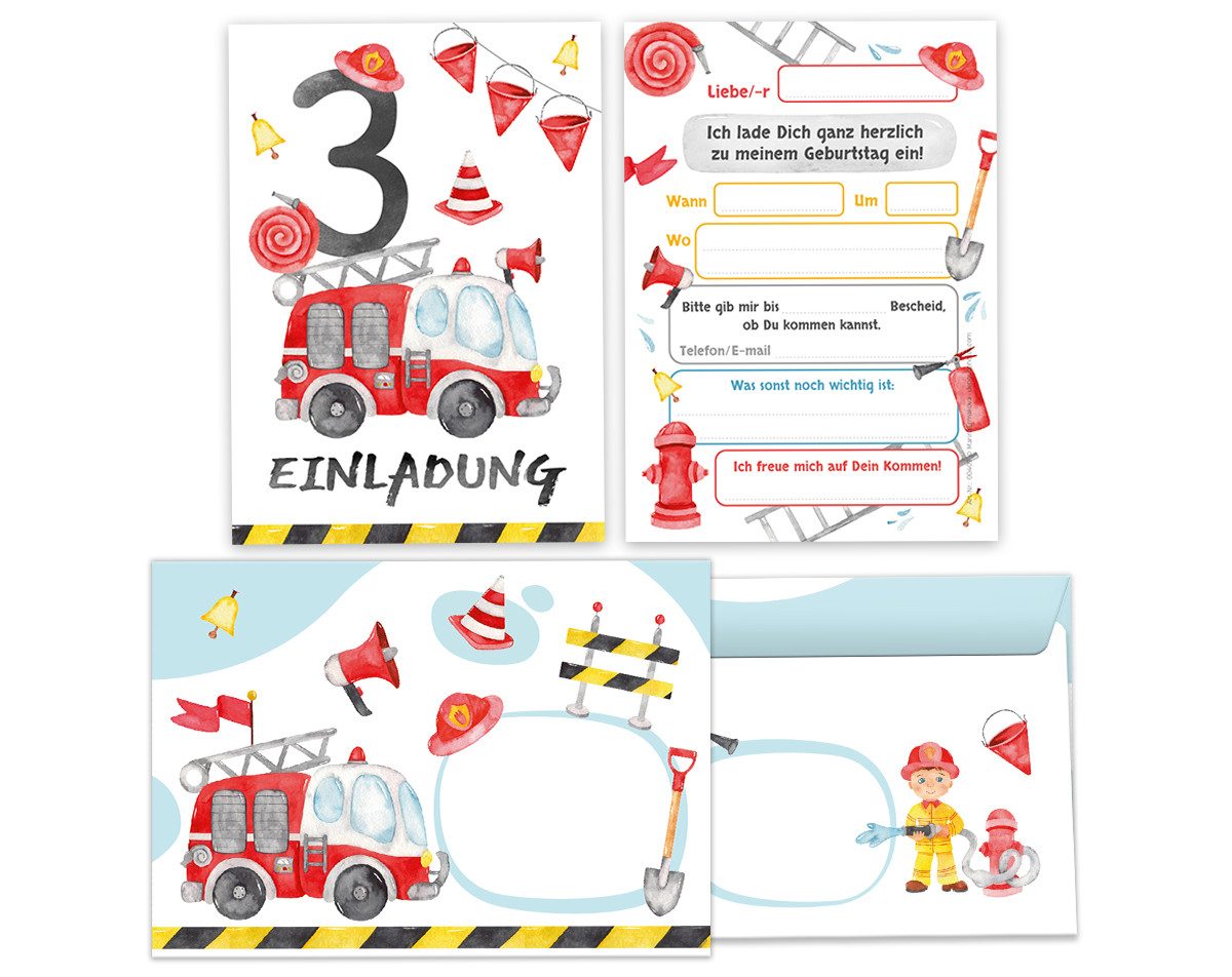 JUNAPACK Einladungskarten Feuerwehr zum 3. Kindergeburtstag Karten Einladungen mit Umschlägen, Einladungskarten mit Umschlägen zum dritten Geburtstag Feuerwehr