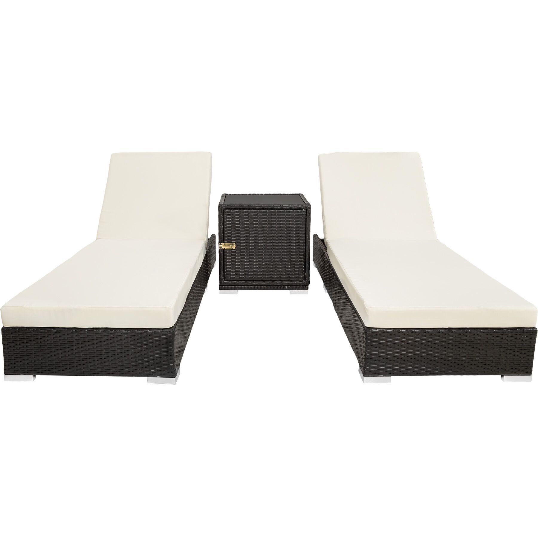 tectake Gartenliege Rattan Sonnenliegen, inklusive 2 Bezugssets und Schutzhülle, Rattan Liegestuhl Nautica, 1 St., in schwarz, wetterfest und UV-beständig, Tisch mit Staufach, Sicherheitsglasplatte