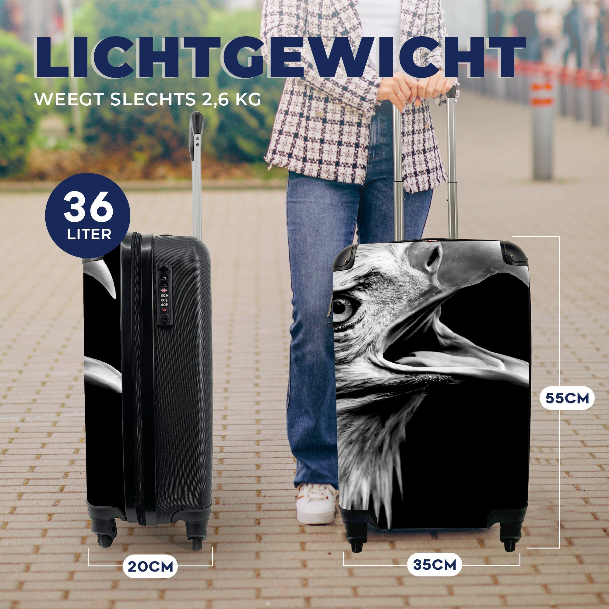 MuchoWow Handgepäckkoffer Adler Schwarz Vogel, Reisekoffer - - rollen, 4 Ferien, Porträt Reisetasche - für Trolley, - Rollen, Weiß Raubvögel Handgepäck mit 