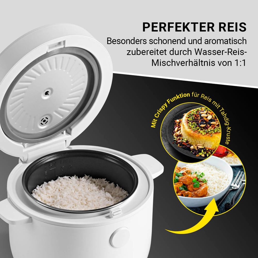 N8WERK Reiskocher Digitaler Reiskocher - weiß, 400 W, 2 Liter Fassungsvermögen, 5 Programme, Touch-Display