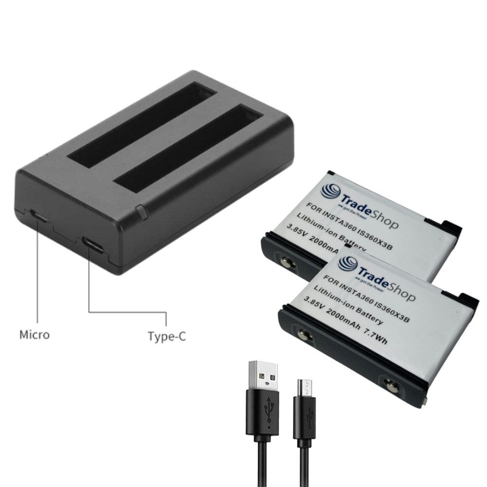 Trade-Shop 3in1 Set passend für Insta360 ONE X3 Ladegerät + 2x Kamera-Akku Li-Ion 2000 mAh (3,85 V), Mit USB Ladekabel
