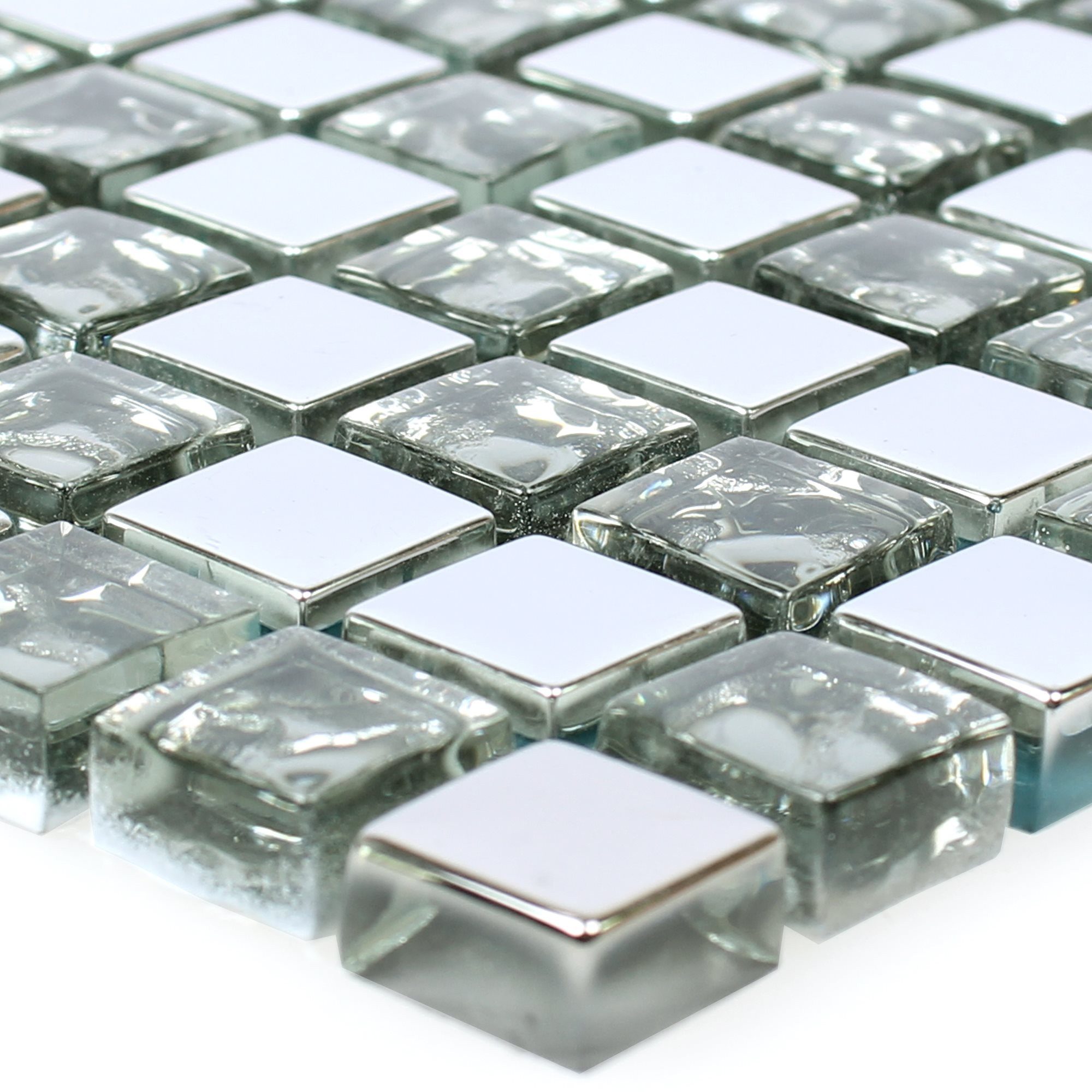 Mosafil Mosaikfliesen Glasmosaik Fliesen Moldau, Glas 30.000x30.000, silber, Verlegefertig auf ein Netz geklebt