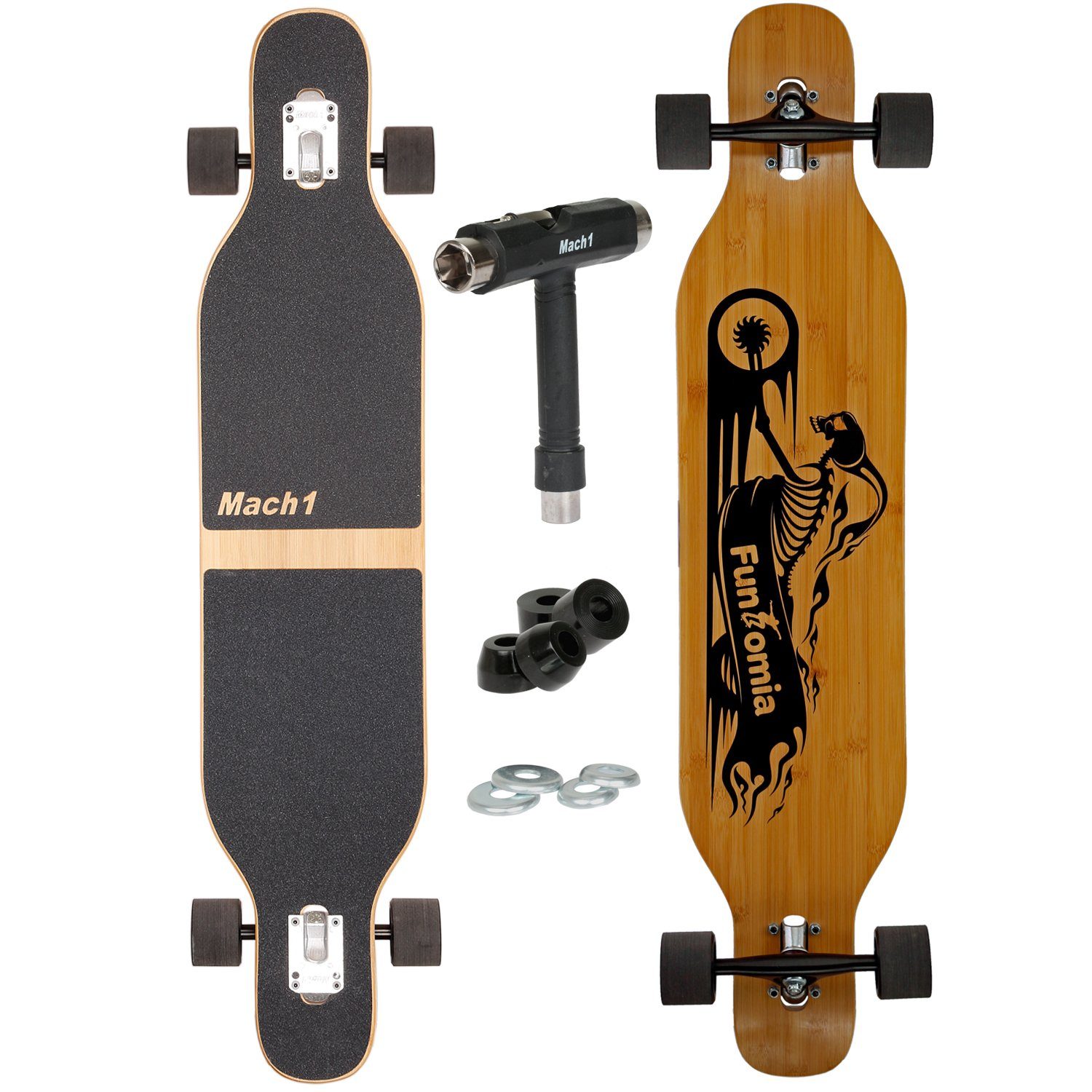 Mach1 Longboard aus Bambus mit Keramik Kugellager - Camber Drop Through Cruiser Board (Spar-Set inkl. T-Tool und extra Bushings, Longboard + T-Tool + 4er Set 85A Bushings), Twin Tip